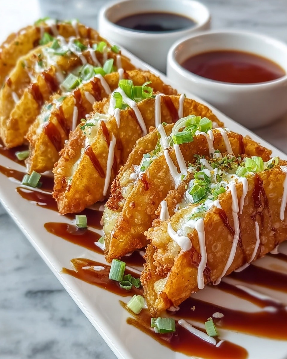 The image shows a row of six golden-brown fried tacos standing upright on a long white plate placed on a white marbled surface. Each taco shell is crispy with a bubbly texture and filled with a light, crumbly topping close to the edge. The tacos are drizzled with white creamy sauce and dark brown savory sauce in parallel lines across their tops and the plate. Small pieces of chopped green onions are scattered over the tacos, adding a fresh bright green color. In the background, there are two white sauce bowls filled with dark and reddish sauces. The photo taken with an iphone --ar 4:5 --v 7