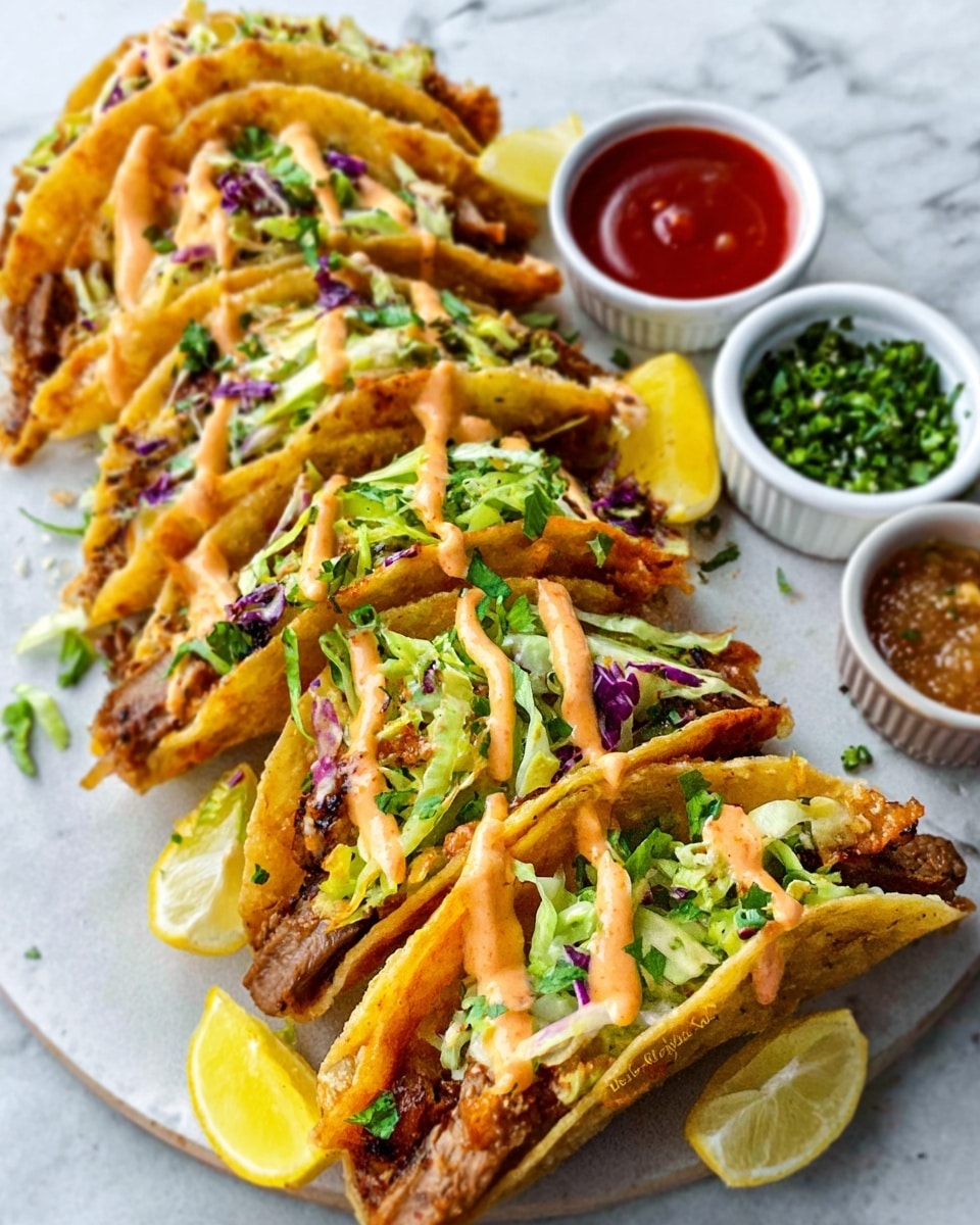 The image shows five crispy tacos arranged in a row on a white plate, each taco shell golden brown and crunchy. Inside each shell are layers of shredded lettuce with a mix of green and purple colors, topped with pieces of grilled meat that are dark brown and juicy. There is also a creamy, light orange sauce drizzled on top, and small bits of fresh green herbs scattered over everything. Lemon wedges in pale yellow are placed between the tacos on the plate. Around the plate, there are three small white bowls, one filled with a green herb mix, one with a chunky brown sauce, and one with a red dipping sauce. The whole scene is on a surface with a white marbled texture. photo taken with an iphone --ar 4:5 --v 7