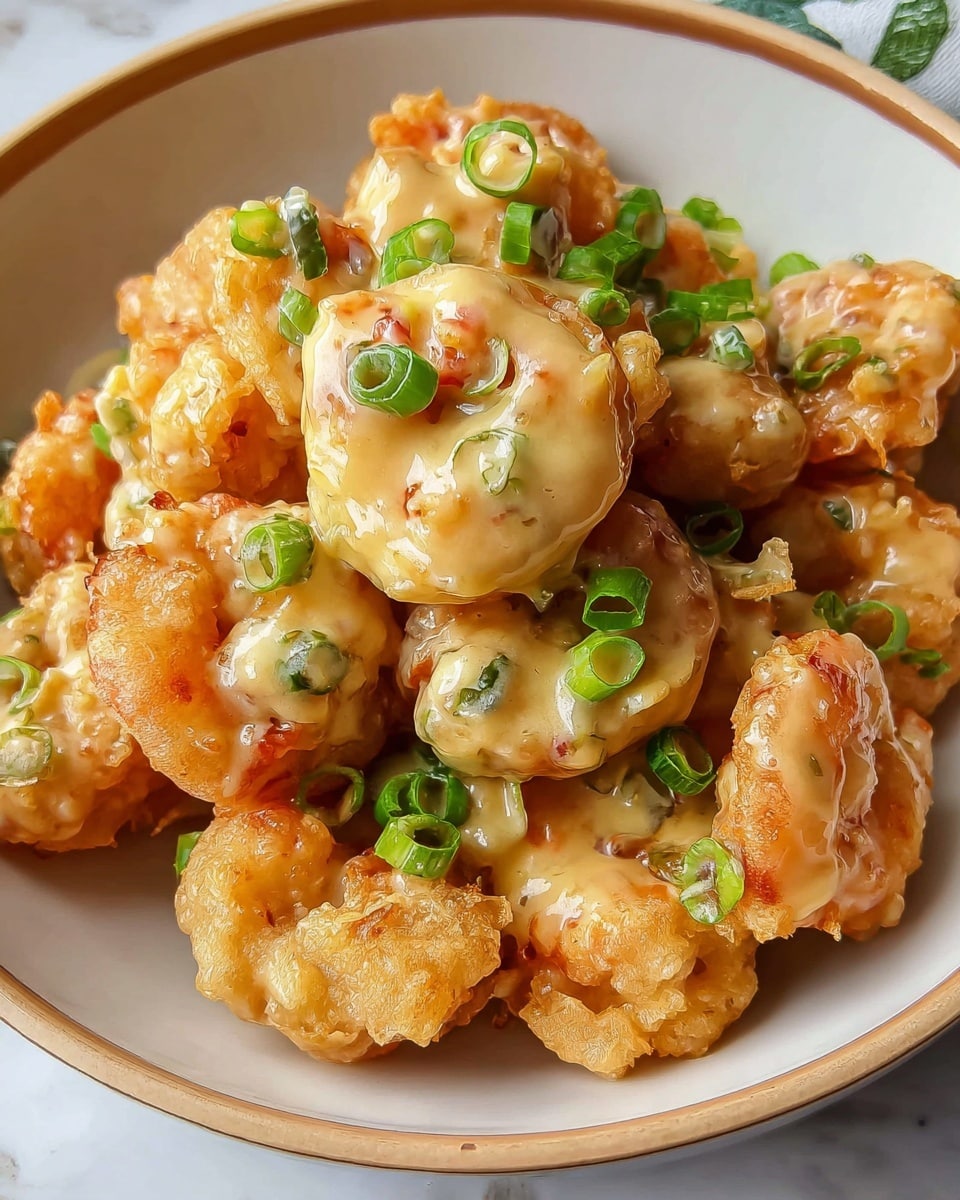 A close-up view of a pile of golden-brown fried shrimp coated in a glossy, creamy light yellow sauce, scattered with small, bright green sliced scallions on top, all served in a white bowl with a narrow beige rim, resting on a white marbled surface. photo taken with an iphone --ar 4:5 --v 7