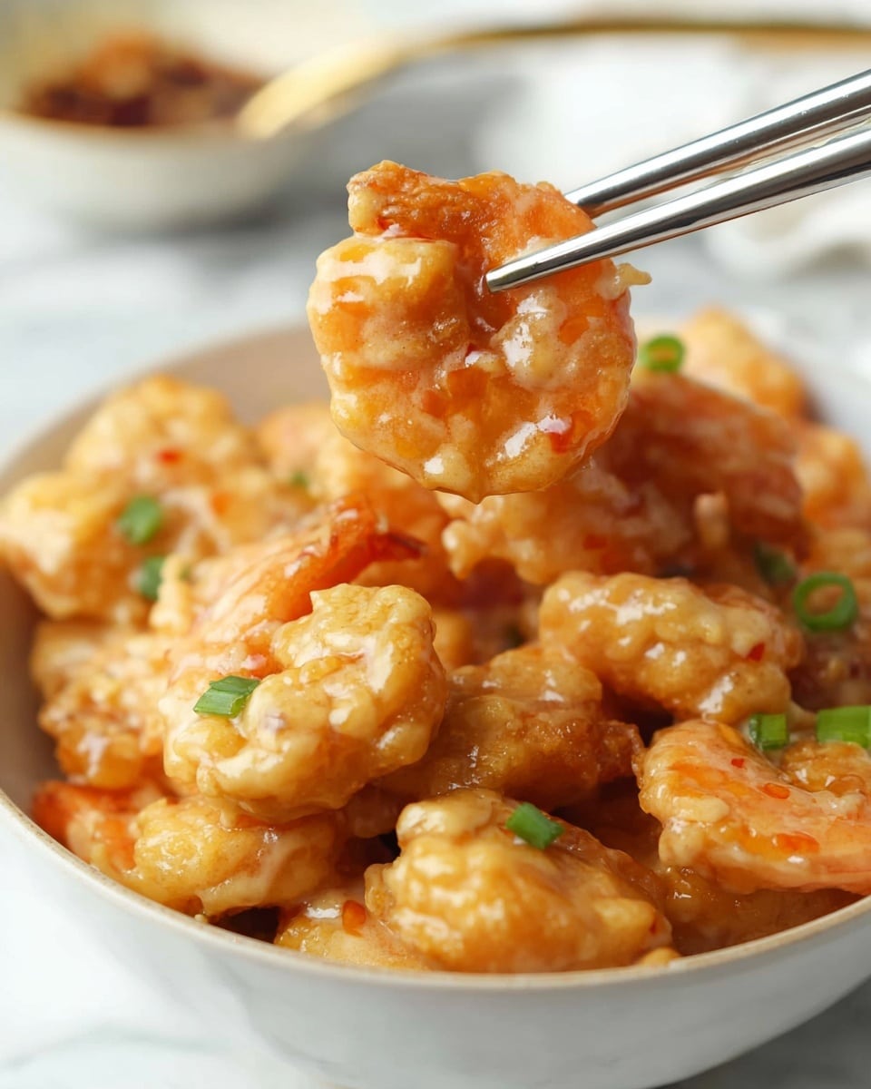 A close-up of a white bowl filled with creamy, golden-brown fried shrimp coated in a thick, shiny sauce, garnished with small pieces of green onion scattered on top. A pair of metal chopsticks holds one shrimp above the bowl, showing its crispy texture and smooth sauce covering. In the background, more shrimp and sauce are visible inside the bowl, all placed on a white marbled surface. photo taken with an iphone --ar 4:5 --v 7
