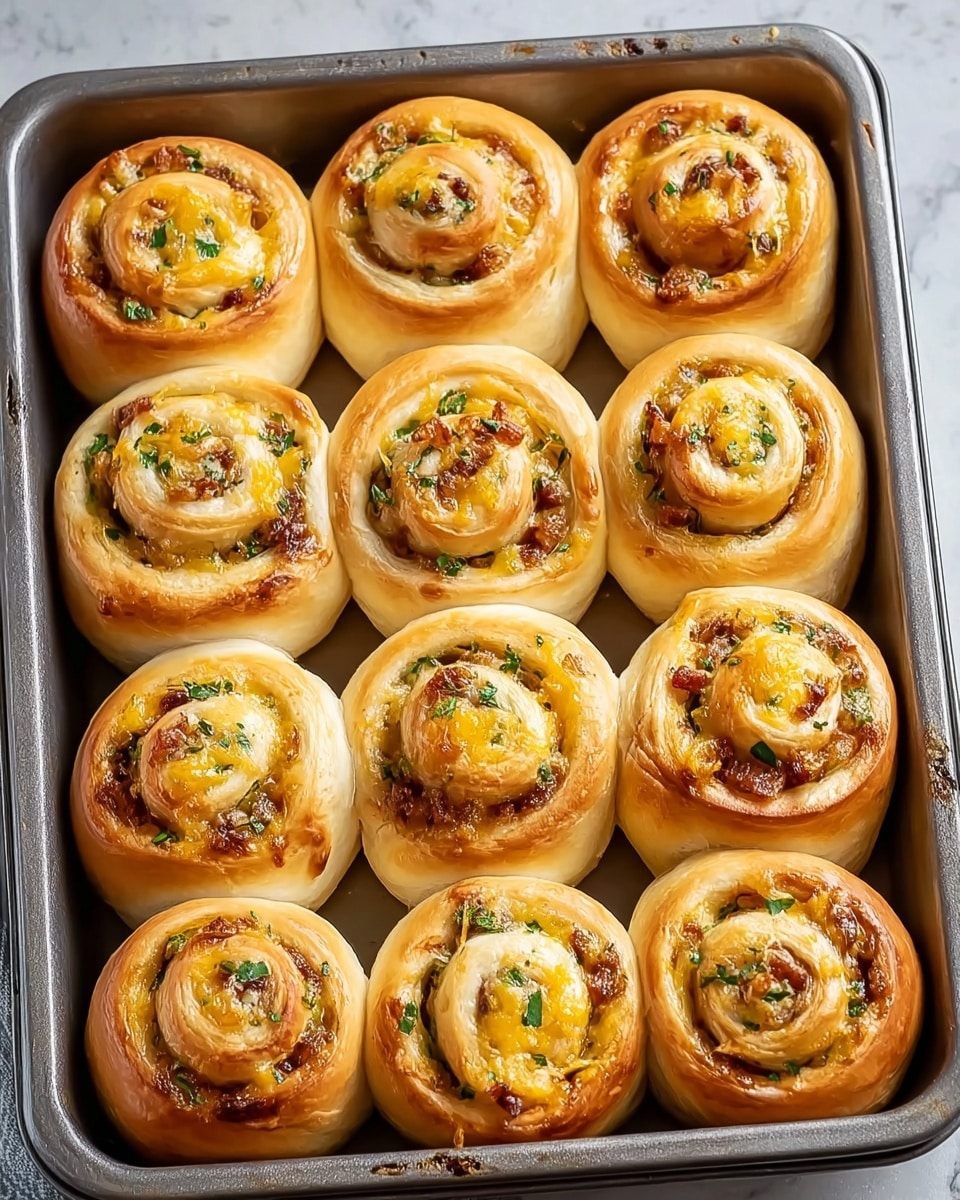 A metal baking tray filled with sixteen golden brown rolls arranged in four rows. Each roll has a visible swirl pattern with a light brown outer dough layer and a darker filling speckled with small bits of green herbs and yellow cheese. The rolls have a shiny, slightly glazed surface indicating a light egg wash or butter coating. They look soft and fluffy with a slightly crisp outside. The tray rests on a white marbled texture surface. photo taken with an iphone --ar 4:5 --v 7