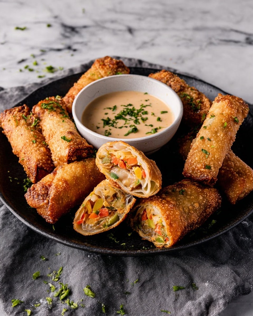 A black plate is filled with golden brown egg rolls that have a crispy, bubbly texture. Several egg rolls are cut open to show a colorful filling with layers of light beige, orange, and green vegetables inside. In the center of the plate, there is a small white bowl filled with a creamy beige dipping sauce topped with green herbs. The plate rests on a gray cloth on a white marbled surface, and small green herb pieces are scattered around the plate. photo taken with an iphone --ar 4:5 --v 7