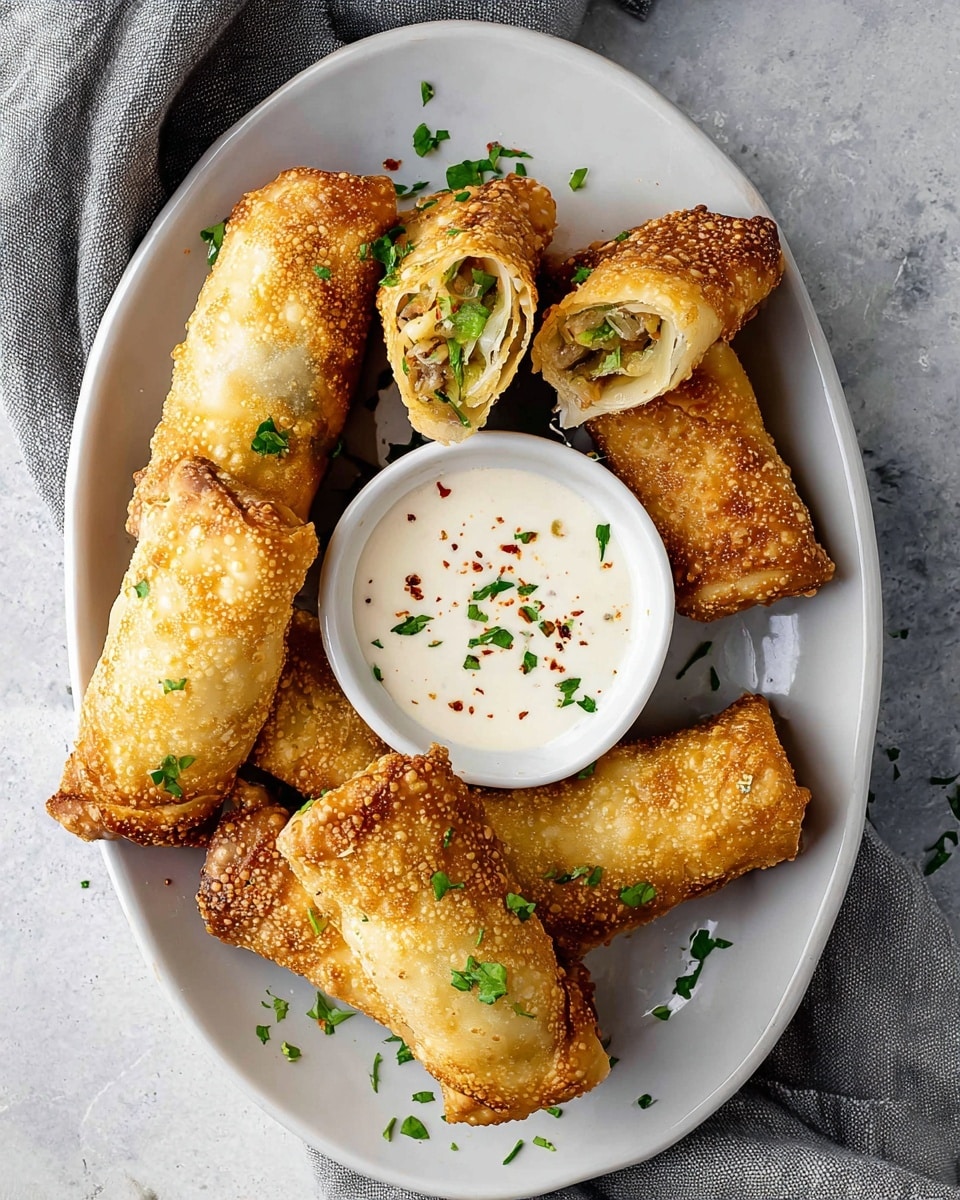 A white oval plate holds five golden brown fried egg rolls with a crispy, bubbly texture. Two egg rolls are cut open, showing a filling of light brown and green vegetables inside. In the center of the plate is a small white bowl filled with a creamy white dipping sauce topped with red and green herbs. The plate is on a white marbled surface with a light grey cloth partly in view above. Some green herb garnish is scattered on the egg rolls and plate edges. Photo taken with an iphone --ar 4:5 --v 7