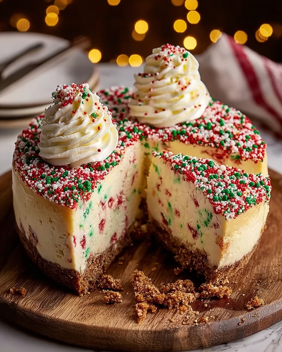The image shows a two-layer cheesecake with a thick brown crumb crust at the bottom, topped with a creamy white cheesecake layer that has red and green sprinkles mixed inside. The top of the cheesecake is fully covered with red, green, and white sprinkles, and it has two swirled dollops of white whipped cream, each decorated with more colorful sprinkles. One slice is cut out, revealing the smooth texture and embedded sprinkles inside the cheesecake. The cake sits on a round wooden board with some crumbs scattered around, and the background has warm, blurred lights with a white marbled texture underneath. Photo taken with an iphone --ar 4:5 --v 7