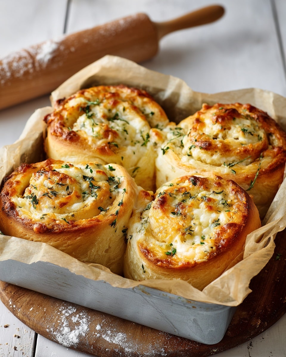A close-up image of four golden-brown cheese and herb swirled rolls in a square silver baking tray lined with light brown parchment paper. Each roll has soft, slightly glossy dough with a toasted, bubbly cheese top layer showing hints of melted butter and fresh green herb sprinkles. The rolls are plump and tightly coiled, touching each other, with a light crust on the edges and a fluffy texture inside. The background includes a wooden table with a rolling pin that has some white flour on it, and the whole scene is set on a white marbled surface. photo taken with an iphone --ar 4:5 --v 7