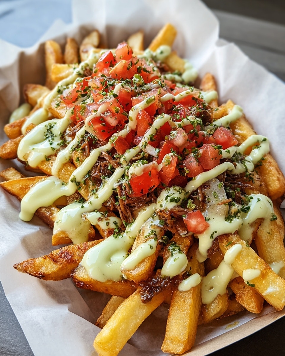 The image shows a pile of golden brown French fries as the base layer, with a crispy texture visible at the edges. On top is a scattering of small red diced tomatoes, adding a fresh and juicy layer. The fries are covered with thin strips of browned meat, adding a hearty touch. Drizzled generously over everything is a creamy, light green sauce with a smooth texture, applied in neat lines across the top. Small bits of green herbs are sprinkled over all, adding color and a fresh look. The fries are served in a white paper-lined tray placed on a white marbled surface. Photo taken with an iphone --ar 4:5 --v 7