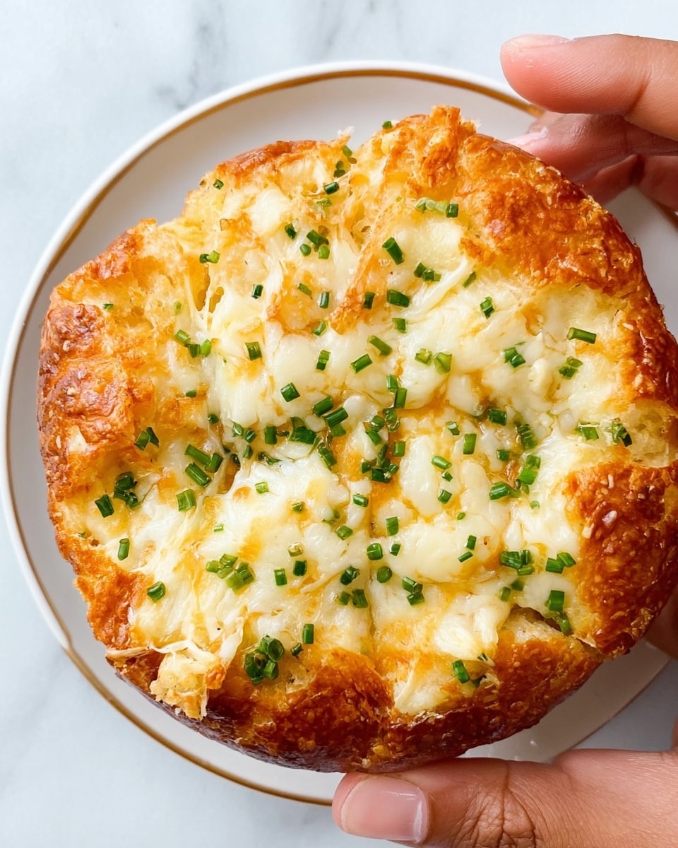 A close-up view of a golden brown, round bread topped with melted white cheese that is soft and slightly stringy, sprinkled evenly with small green chive pieces. The bread base shows a crispy, crunchy texture with a warm orange tint beneath the cheese. A woman's hands gently hold the bread from both sides, presenting it on a white plate with a simple border, all against a white marbled surface. photo taken with an iphone --ar 4:5 --v 7