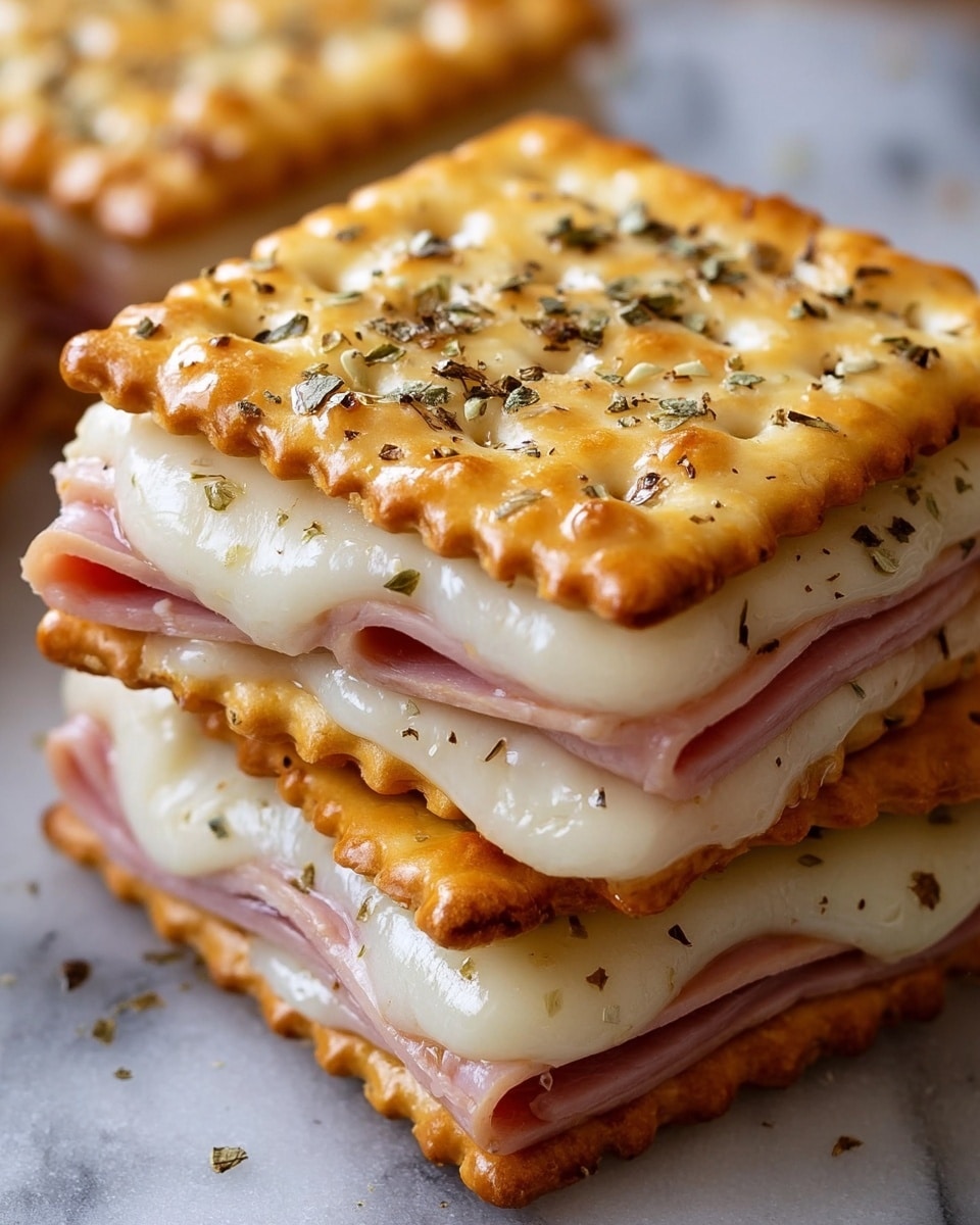 A close-up of a three-layer snack with square golden-brown crackers that have slightly raised edges and small browned spots. Between each cracker layer, there is a smooth, creamy white cheese layer that melts slightly over the edges and thin slices of light pink ham. The top layer has melted cheese browned in spots with a sprinkling of black pepper and green herb flakes. The snack sits on a white marbled surface. photo taken with an iphone --ar 4:5 --v 7