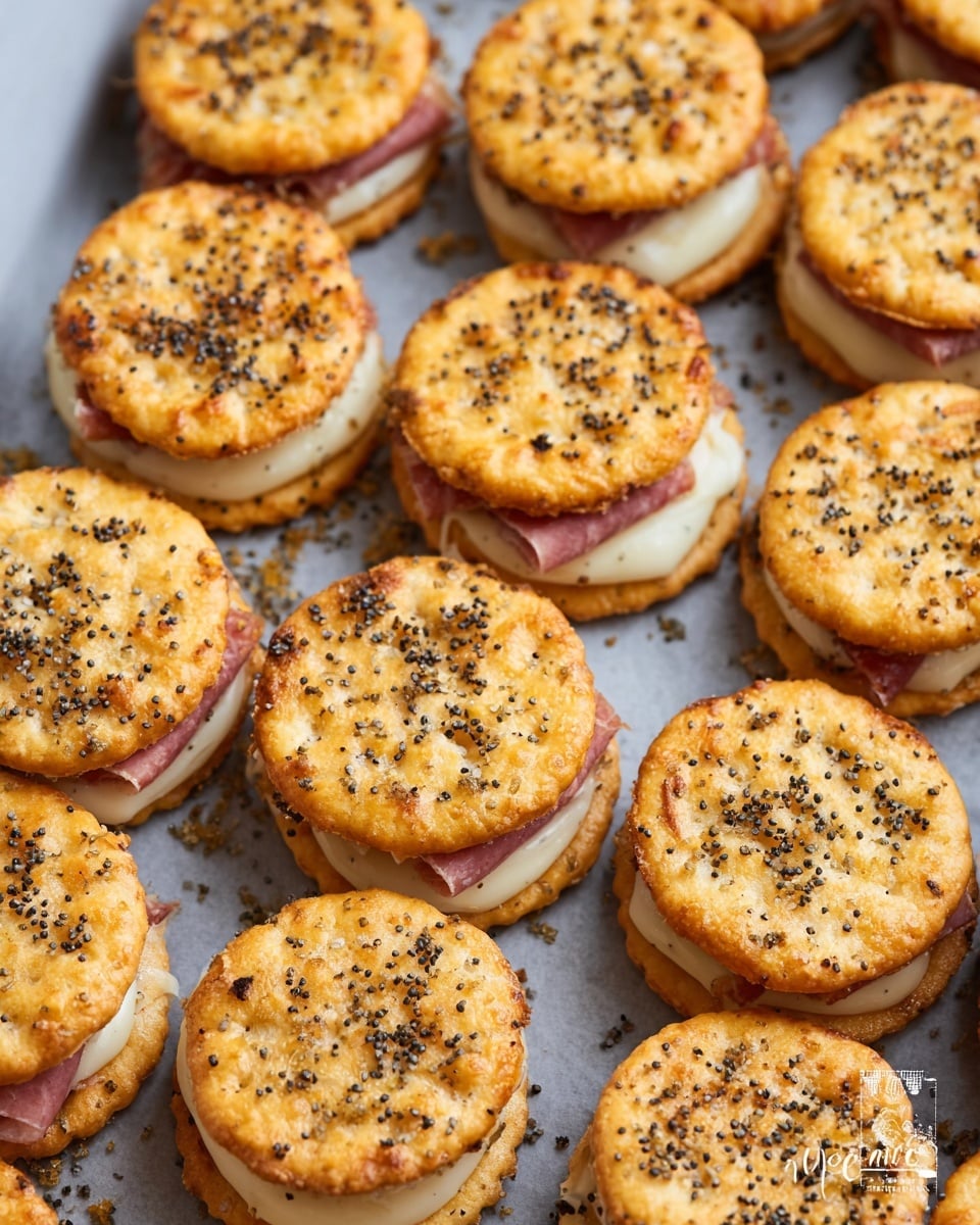 The image shows multiple small sandwich-like snacks arranged closely together on a baking tray covered with baking paper. Each snack has two round golden-brown crackers on the top and bottom sprinkled with small black seeds. Between the crackers, there is a layer of melted creamy white cheese and a thin layer of cured pink meat, slightly visible and peeking out from the sides of the sandwiches. The crackers are slightly shiny, suggesting a light coating of butter or oil, and the baking tray edges are partially visible on a white marbled textured surface. photo taken with an iphone --ar 4:5 --v 7