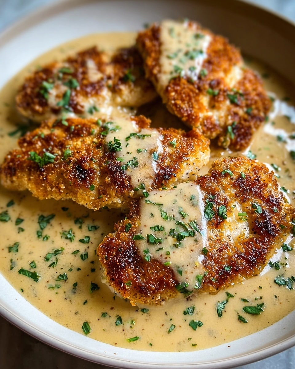 A close-up of four golden brown crispy chicken breasts with a slightly rough texture, each piece coated in a creamy, light beige sauce with a smooth consistency that pools around the chicken. Green chopped herbs are sprinkled on top, adding a fresh, vibrant contrast to the warm, rich colors. The chicken and sauce sit in a white plate with a subtle rounded edge, all set against a white marbled textured background. photo taken with an iphone --ar 4:5 --v 7