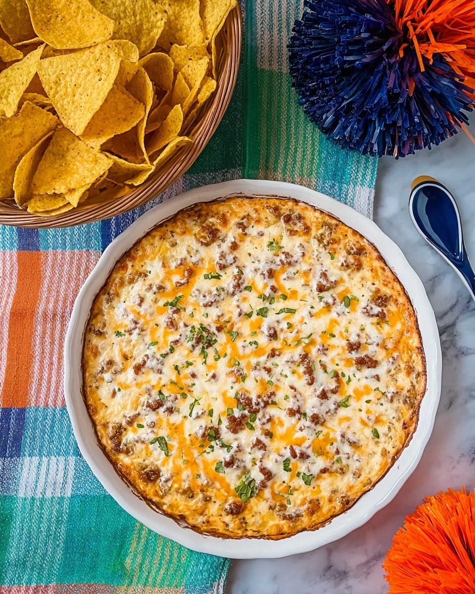 A white plate holds a round baked cheese dip with a golden brown crust and a creamy top mixed with melted orange and white cheeses, small bits of browned meat, and green herbs sprinkled evenly over the surface. Next to the plate, there is a basket filled with yellow corn chips, which have a rough, crisp texture. The items rest on a white marbled surface covered partially by a colorful green, blue, and orange checkered cloth. An orange and a dark blue spoon with a reflective finish lie near the plate, and a bright orange and navy blue pom-pom adds a splash of color in the top left corner. photo taken with an iphone --ar 4:5 --v 7