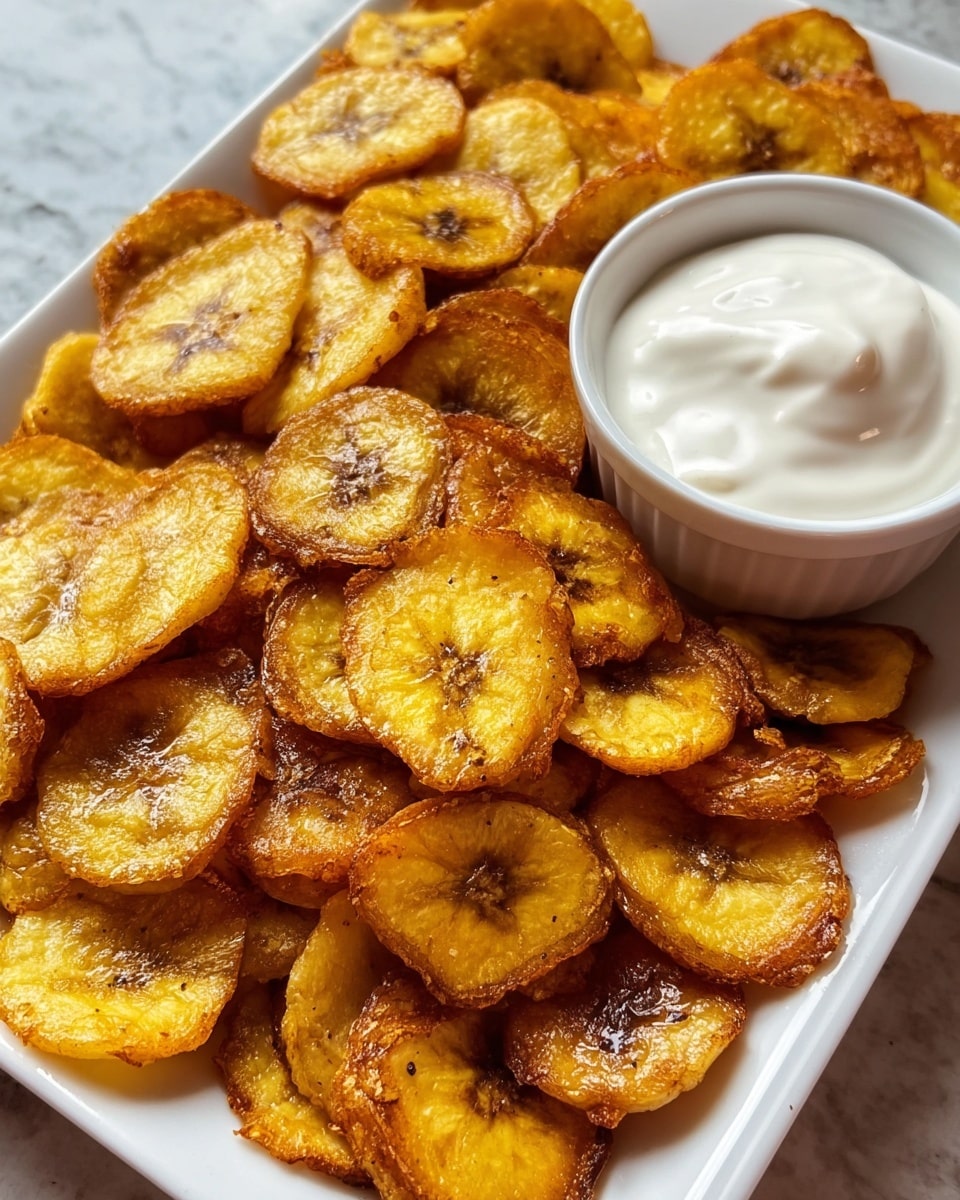 A close-up view of a rectangular white plate piled high with golden-brown fried plantain chips, each chip round and glossy with a slightly crispy texture, showing some darkened spots and a light dusting of seasoning. In the top right corner of the plate, there is a small white bowl filled with creamy white dipping sauce, its smooth surface forming a small peak in the center. The plate rests on a white marbled surface, adding a soft, elegant background to the vivid colors of the chips. photo taken with an iphone --ar 4:5 --v 7