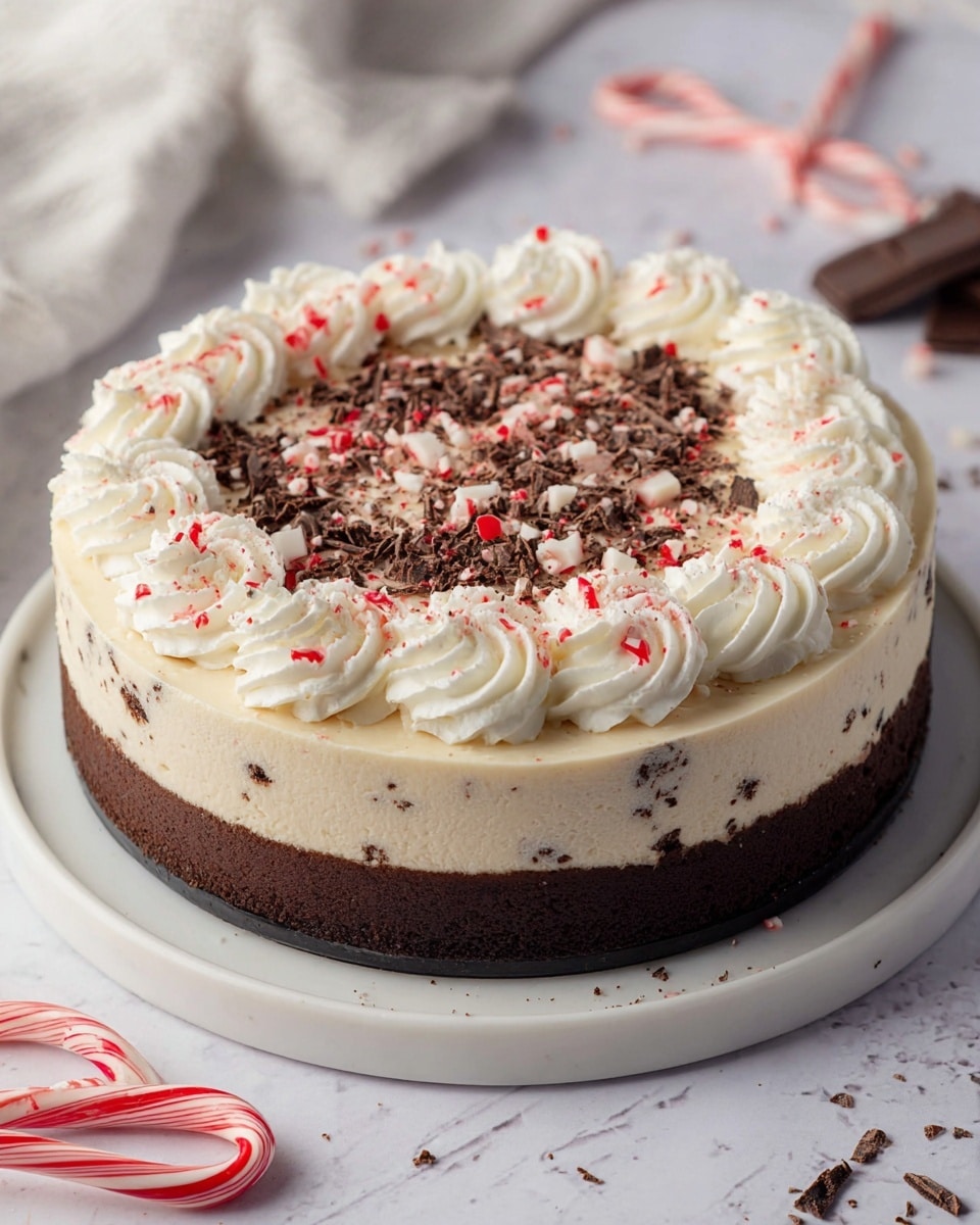The image shows a round cake with three clear layers: a dark brown, dense-looking bottom layer; a thick middle layer of light cream color with small chocolate bits; and a top white layer decorated with swirls of white cream around the edge. The surface of the top layer is sprinkled with small pieces of red and brown chocolate shavings. The cake sits on a round white plate placed on a white marbled surface, with candy canes and chocolate pieces scattered nearby. Photo taken with an iphone --ar 4:5 --v 7