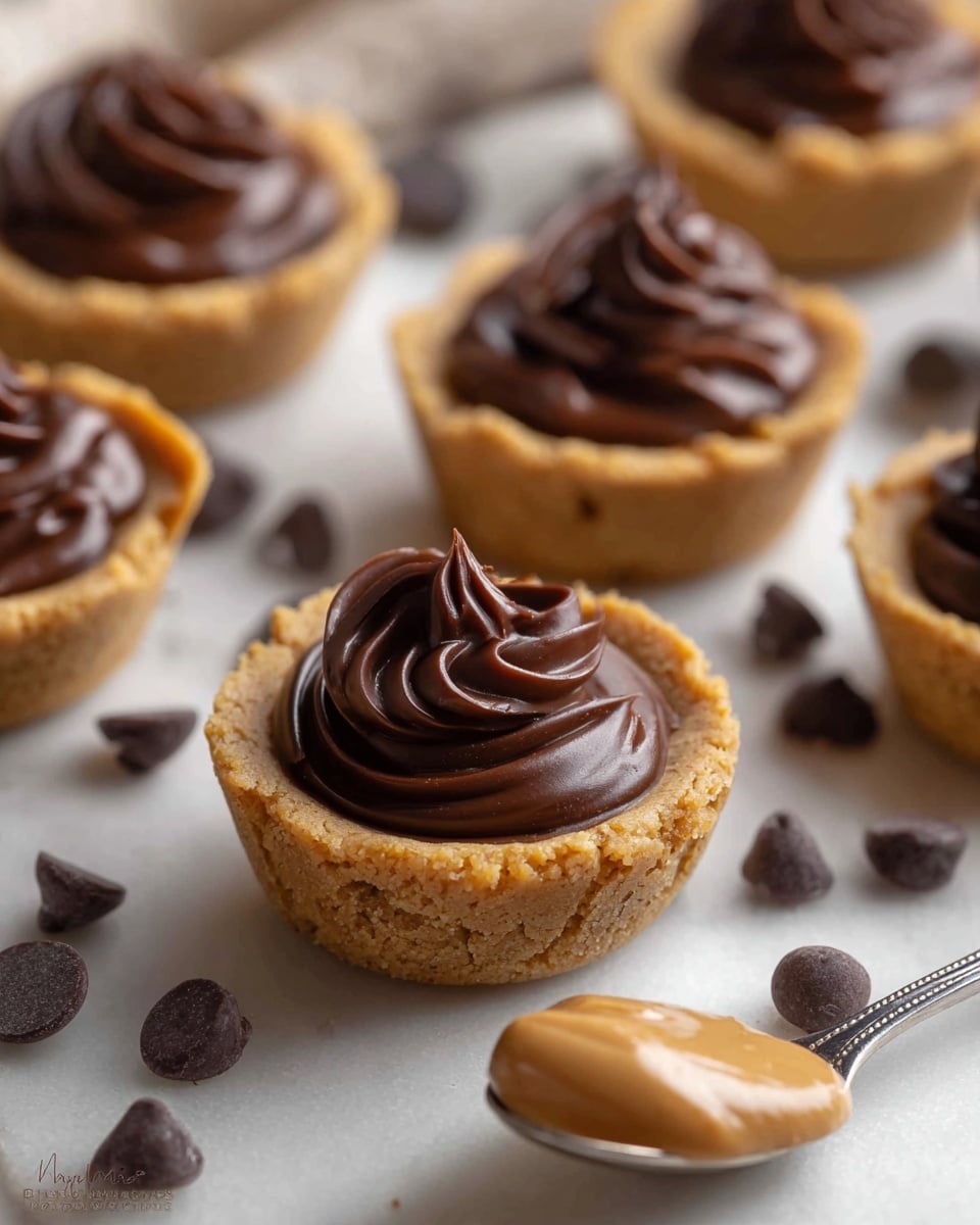The image shows mini peanut butter cups with two main layers: a golden brown, crumbly cookie cup base that holds a smooth, glossy, dark brown chocolate filling swirled on top. The mini cups are arranged on a white marbled surface scattered with dark chocolate chips, and a silver spoon with light brown creamy peanut butter sits nearby. The focus is on the closest peanut butter cup in the center, highlighting the soft texture of the chocolate against the rough cookie cup. Photo taken with an iphone --ar 4:5 --v 7