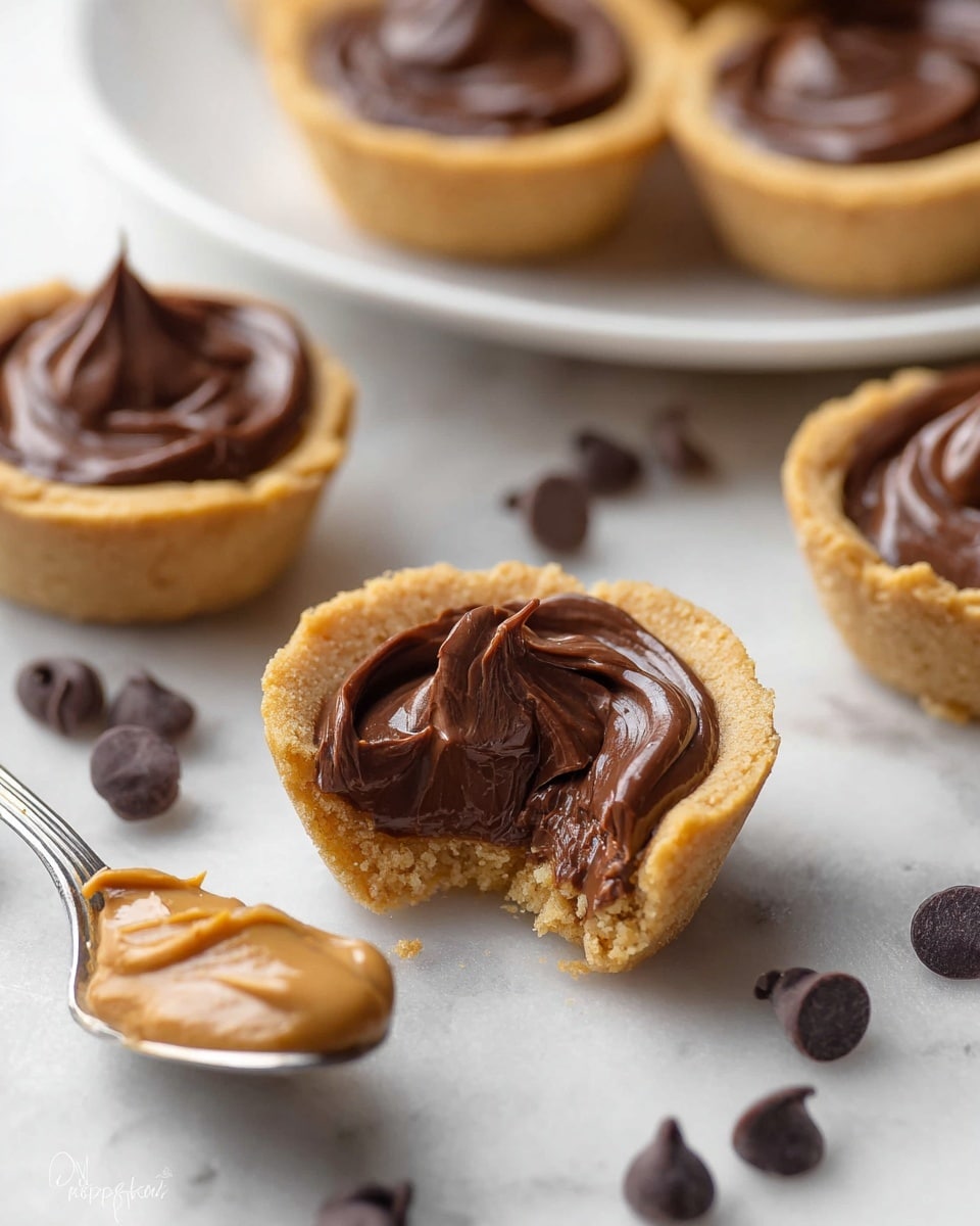 The image shows mini cookie cups filled with thick, smooth, dark chocolate filling. Each cup has a golden brown cookie base shaped like a small cup with a slightly crumbly texture. The chocolate filling inside is shiny and creamy, swirled on top with a soft peak. One cookie cup is bitten, revealing the thick chocolate layer inside sitting neatly within the cookie shell. Around the cups are scattered dark chocolate chips and a silver spoon holding creamy peanut butter on a white marbled surface. In the background, there is a white plate holding more cookie cups. photo taken with an iphone --ar 4:5 --v 7