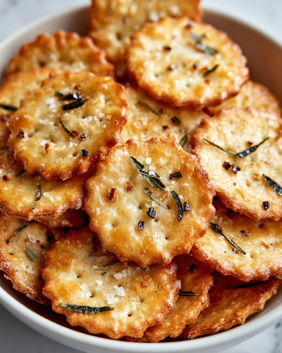A close-up view of many small, round crackers stacked together in a white bowl, each cracker is golden brown with a slightly uneven crispy surface. The edges are lightly ridged with a deeper golden color, and the centers are sprinkled with coarse sea salt crystals and small, dark green herb leaves, adding a textured look. The crackers have a crunchy and flaky appearance with a shiny finish from a light coating of oil or butter. The background is a soft focus, showing a clean white marbled surface. photo taken with an iphone --ar 4:5 --v 7
