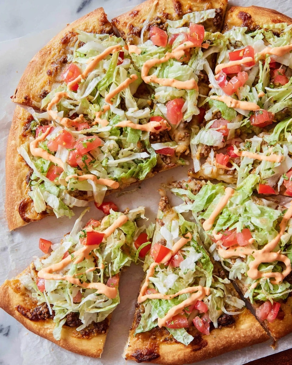 A pizza sliced into eight pieces sits on parchment paper over a white marbled surface, showing a thick golden brown crust base with a slightly crispy edge. The first layer above the crust has melted cheese and browned ground beef spread evenly, followed by a thick layer of shredded pale green lettuce. Scattered bright red diced tomatoes add pops of color on top of the lettuce. The pizza is drizzled generously with a light orange creamy sauce, adding a glossy texture and bright accent across the toppings. The pizza slices are close together, with one slice slightly pulled away to the left. Photo taken with an iphone --ar 4:5 --v 7