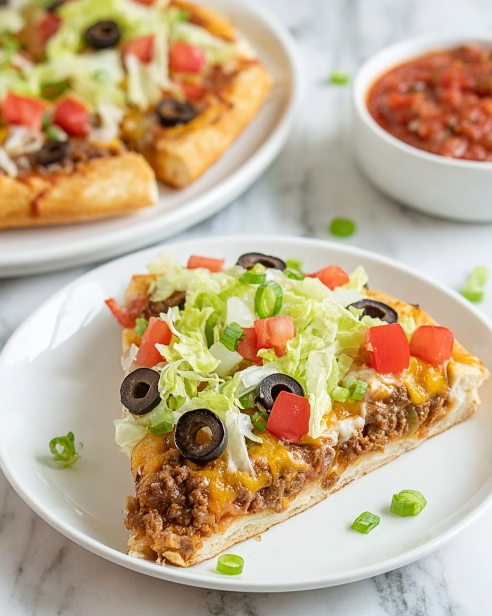 A slice of taco pizza on a white plate shows four clear layers: the bottom golden-brown crust, a layer of melted cheese mixed with browned ground beef, topped with chopped red tomatoes and sliced black olives, then a final layer of shredded light-green lettuce and chopped green onions scattered on top. In the background, there is another slice of pizza on a white plate and a white bowl filled with chunky red salsa, all set on a white marbled surface. Photo taken with an iphone --ar 4:5 --v 7
