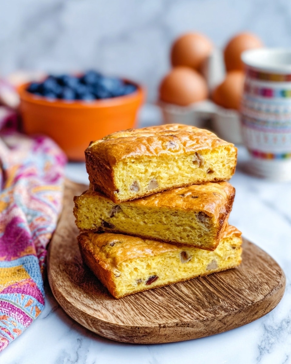 The image shows three pieces of golden-brown baked bread stacked on top of each other on a rustic wooden board. Each piece has a soft, slightly yellow inside with visible small bits of nuts or dried fruits, giving it a textured look. The crust is shiny and slightly crispy. In the background, there is an orange bowl filled with blueberries and brown eggs in a white bowl, near a white cup with a colorful pattern, all placed on a white marbled surface with a colorful cloth nearby. The overall scene has soft natural lighting. Photo taken with an iphone --ar 4:5 --v 7