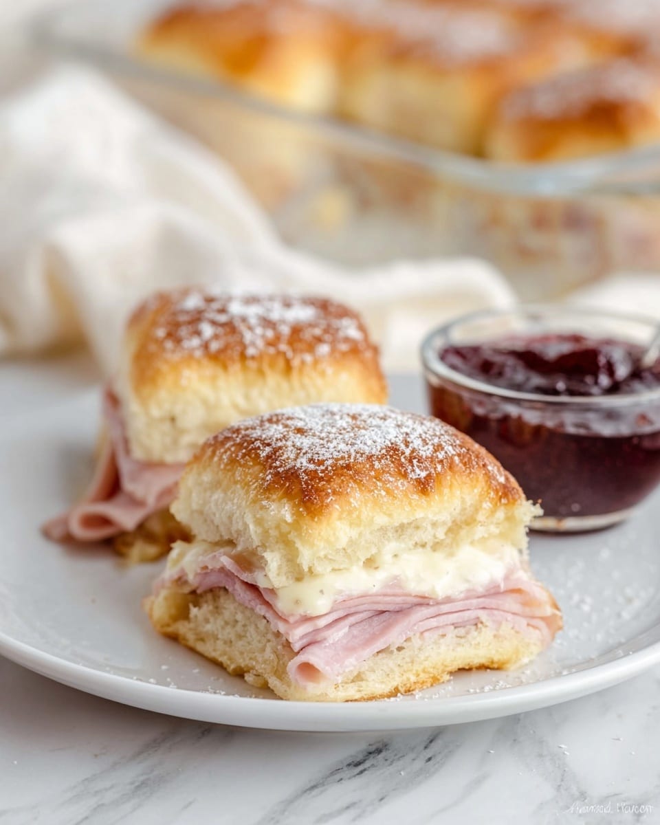 Two square sandwich pieces sit on a white plate placed on a white marbled surface, each sandwich having three visible layers: a golden-brown top toasted bun dusted with white powdered sugar, a middle layer of creamy white cheese, and a bottom layer of thinly sliced pink ham nestled inside a soft light golden bun. Next to the sandwiches is a small clear glass bowl filled with dark red jam. In the background, a white cloth and part of a glass baking dish with more sandwich pieces are softly blurred. Photo taken with an iphone --ar 4:5 --v 7