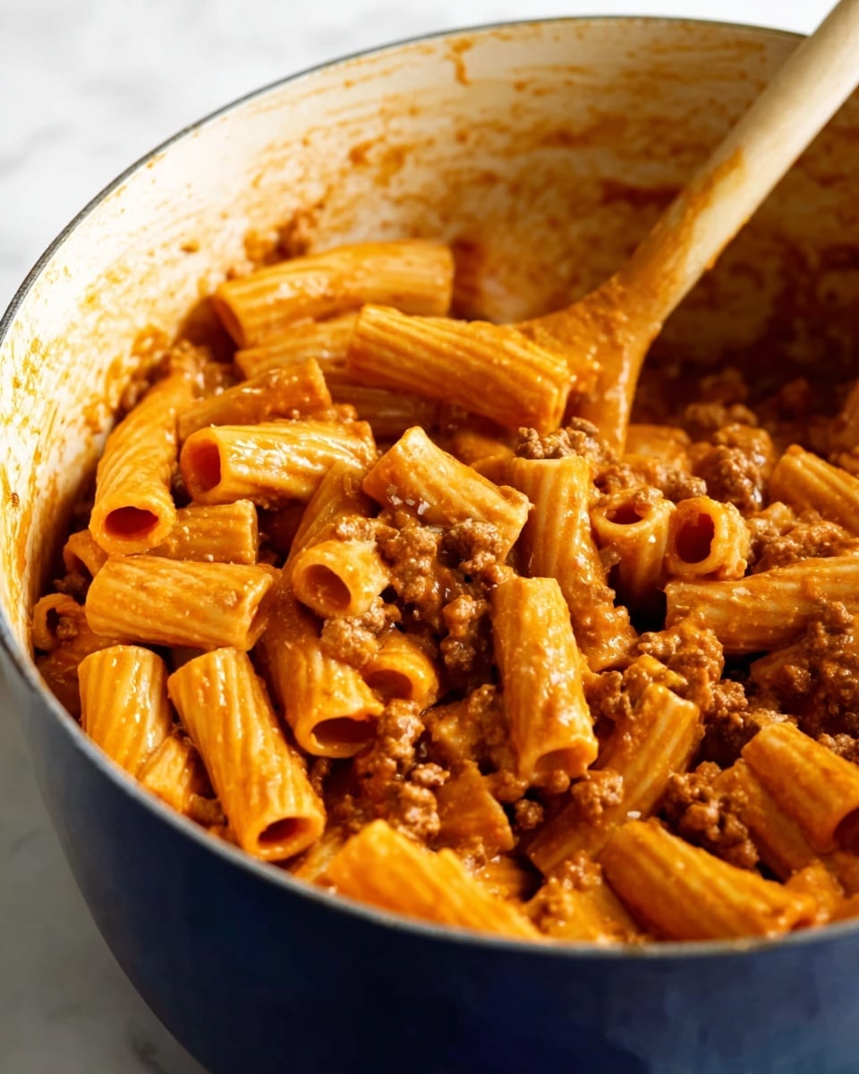 The image shows a close-up of rigatoni pasta mixed with a thick, creamy reddish-brown sauce that has a smooth texture combined with small pieces of brown ground meat. The pasta tubes are coated evenly, giving the dish a glossy appearance, and they fill a large white pot with a slightly speckled interior. A wooden spoon is partially visible, stirring the pasta, with the handle blending into the background texture. The pot is placed on a white marbled surface which gives a clean and bright look to the image. photo taken with an iphone --ar 4:5 --v 7