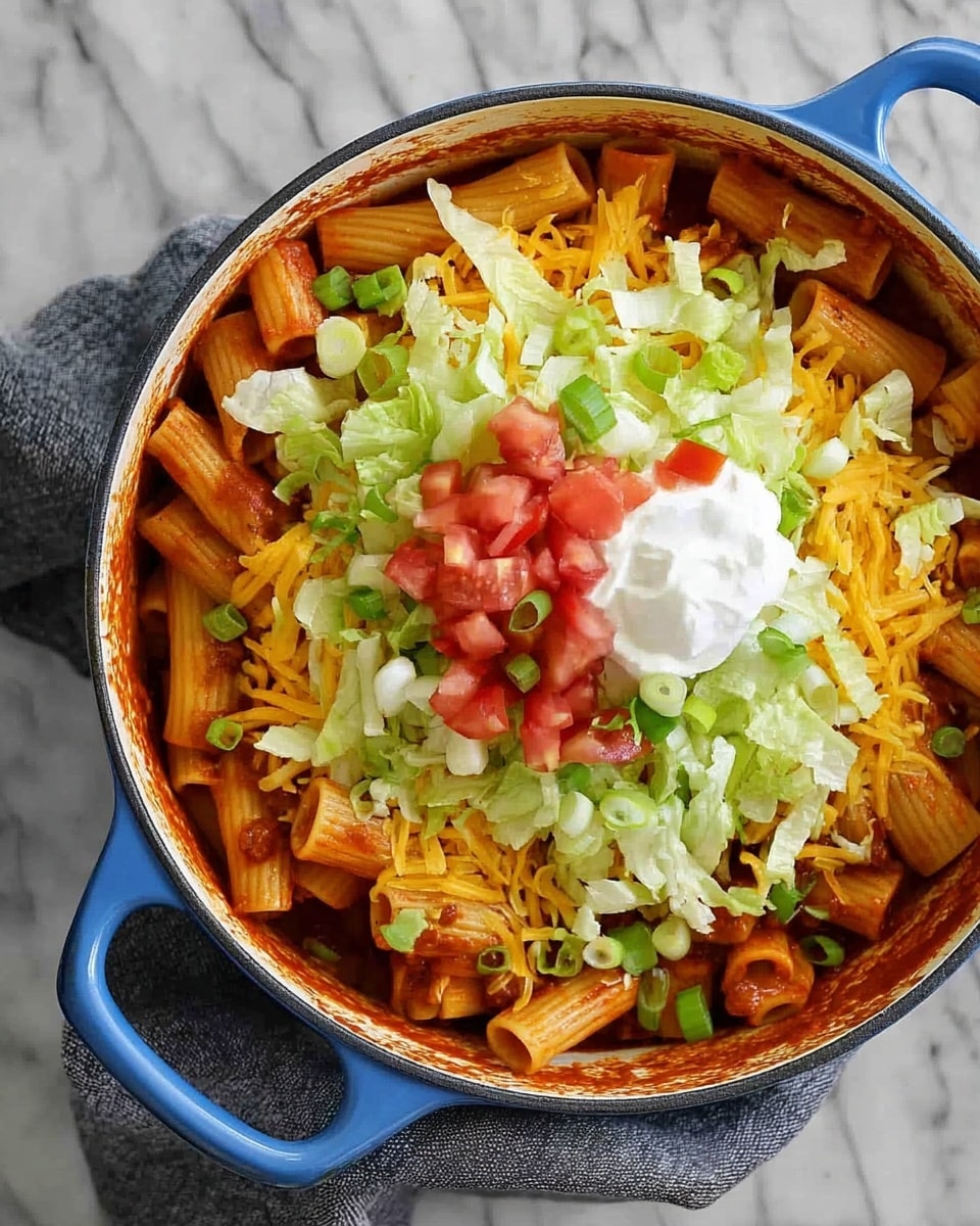 A blue pot filled with cooked rigatoni pasta covered in a thick red sauce forms the bottom layer, with scattered green chopped onions mixed in. On top of the pasta, there is a generous layer of shredded pale green lettuce, followed by a layer of finely shredded yellow cheese. Diced bright red tomatoes and green onion rings sit on the cheese, with a dollop of white sour cream placed in the center. The pot is resting on a white marbled surface with a gray cloth underneath one handle. Photo taken with an iphone --ar 4:5 --v 7