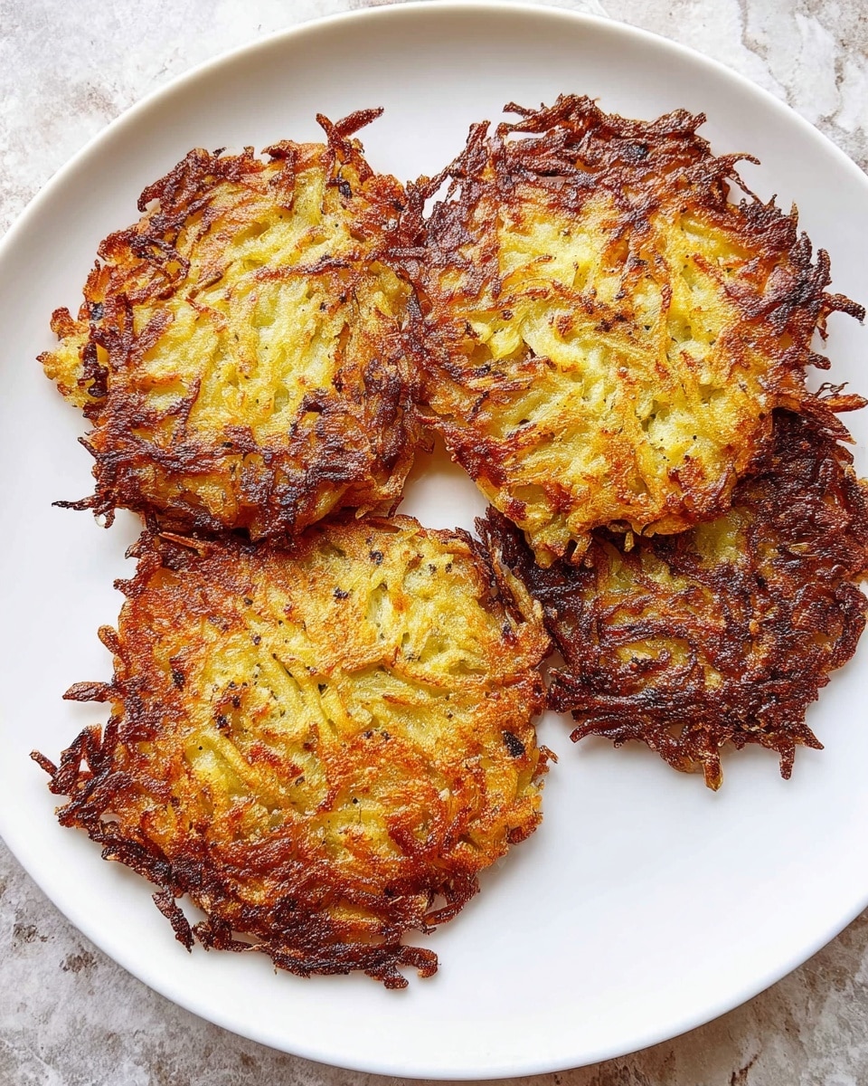 Three crispy potato pancakes sit on a simple white plate. Each pancake shows a mix of golden yellow and deep brown colors, with edges that are darker and slightly crunchy. The grated potato strands are visible, giving a rough and textured look. The pancakes are thick and uneven in shape, showing a homemade style. The plate rests on a white marbled texture. Photo taken with an iphone --ar 4:5 --v 7