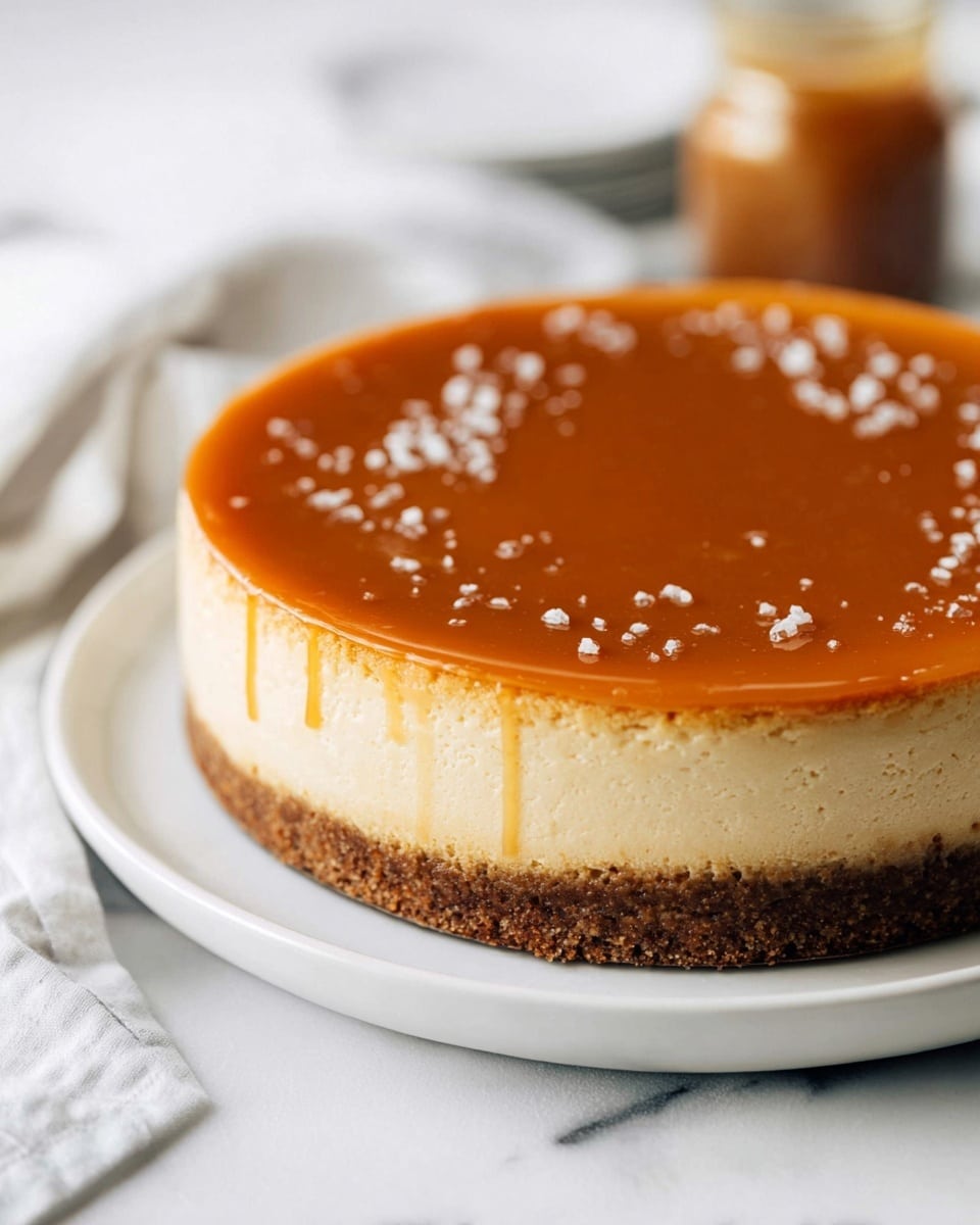 A round cheesecake with three visible layers sits on a white plate on a white marbled surface; the bottom layer is a thick, crumbly, dark brown crust, the middle layer is a smooth, creamy light beige cheesecake, and the top layer is a glossy caramel-colored topping sprinkled with small white salt flakes, all edges are clean and even, with a soft white cloth and a blurred jar in the background. photo taken with an iphone --ar 4:5 --v 7