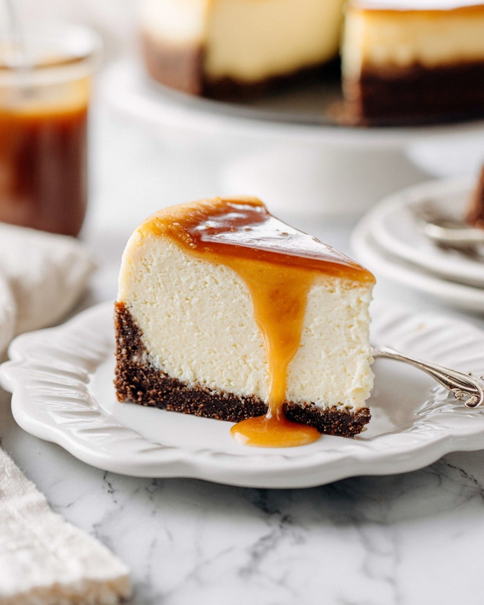 A single slice of creamy cheesecake with a slightly crumbly, dark brown crust at the bottom and sides sits centered on a white, scalloped-edge plate. The thick cheesecake layer is pale cream color with a smooth texture. On top of the cheesecake is a glossy, golden caramel sauce dripping down the front edge of the slice. The plate rests on a white marbled surface. In the blurred background, there is a jar of caramel sauce and a glass, as well as another plate with more cheesecake. Photo taken with an iphone --ar 4:5 --v 7