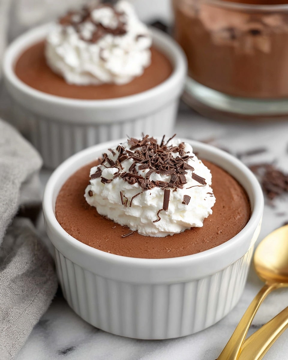 Two white ramekins filled with smooth, light brown chocolate mousse are placed on a white marbled surface. Each mousse has a single dollop of soft, white whipped cream on top, generously sprinkled with small shavings of dark chocolate. The mousse layers form the base, creamy and glossy, while the whipped cream adds a fluffy, textured layer above, contrasting in color and form. Nearby are two shiny gold spoons emphasizing a touch of elegance. In the background, a blurred glass container with more mousse and a soft gray cloth add subtle depth to the scene. photo taken with an iphone --ar 4:5 --v 7