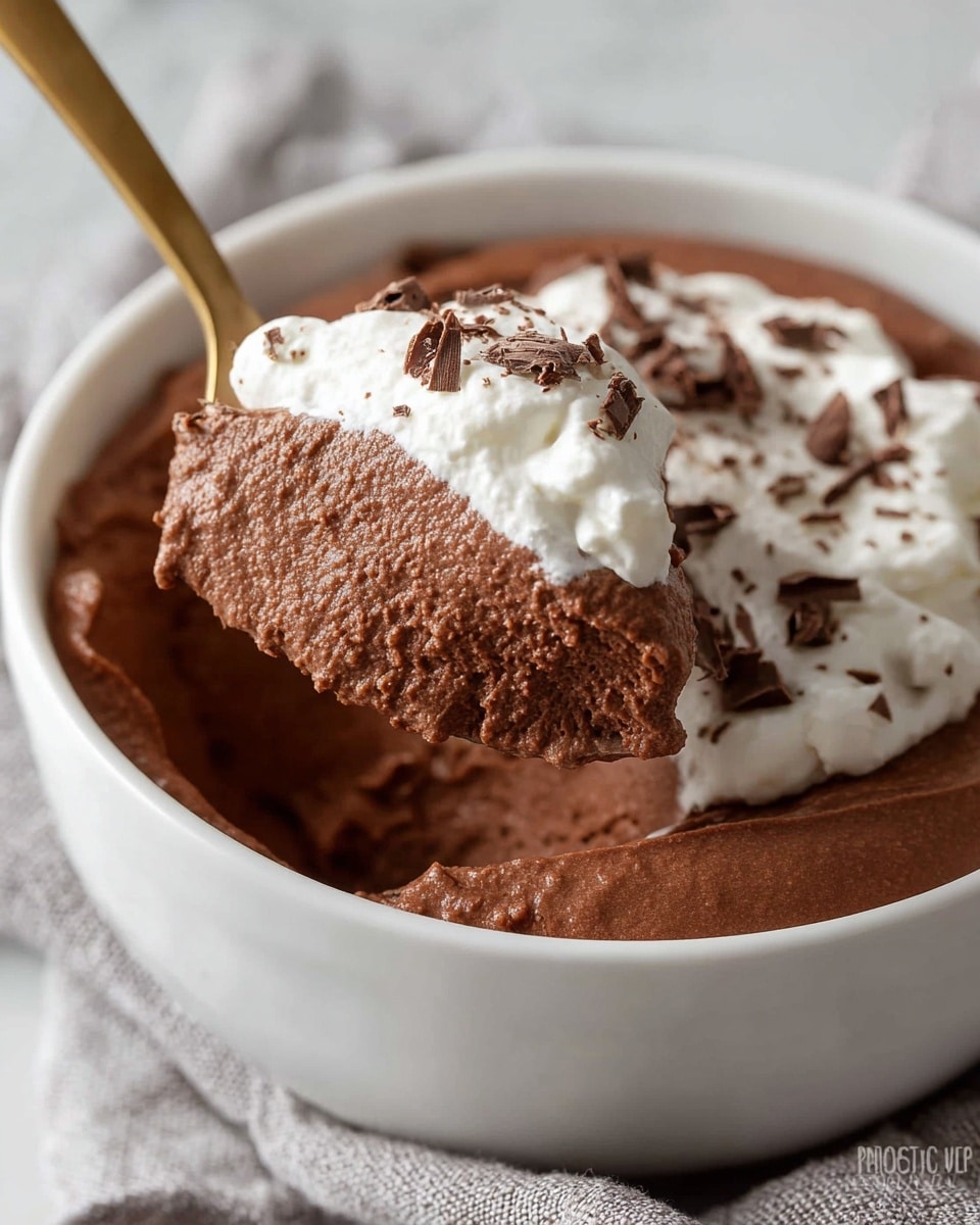 A close-up image shows a white bowl filled with rich, dark brown chocolate mousse topped with a layer of white whipped cream. There are small shavings of dark chocolate sprinkled on the whipped cream. A gold spoon lifts a generous scoop of the fluffy chocolate mousse with a little whipped cream on top, showing the mousse’s light and airy texture. The bowl sits on a soft gray and white cloth, all placed on a white marbled surface. Photo taken with an iphone --ar 4:5 --v 7