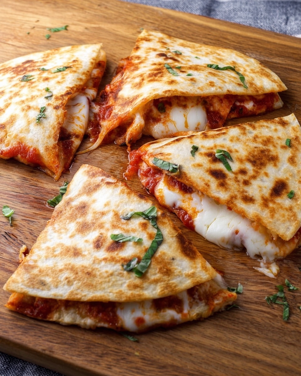 Four folded quesadilla triangles rest on a wooden board, each with a golden-brown outer layer that looks slightly crispy with toasted spots. Inside, a bright red tomato sauce mixed with melted white cheese oozes out, showing smooth and creamy textures with some bubbling. Small green basil pieces are sprinkled over the quesadillas and on the board, adding a fresh color contrast. The scene has a cozy, warm feel with the curved edges of the quesadillas overlapping slightly, showing different melting stages of the cheese inside. photo taken with an iphone --ar 4:5 --v 7