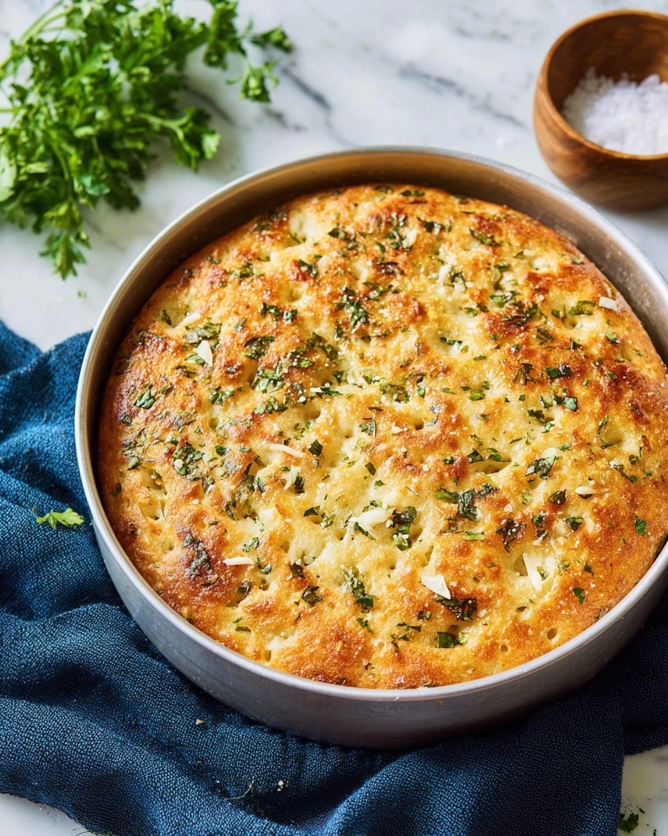 A round focaccia bread in a round silver pan, about one layer thick, with a golden-brown top that has small green herb bits and light white cheese shreds scattered on it. The bread's surface is slightly uneven with dimpled holes and a crispy texture. The pan rests on a dark blue cloth on a white marbled surface. In the background, there is some fresh green parsley and a wooden bowl of coarse salt. Photo taken with an iphone --ar 4:5 --v 7
