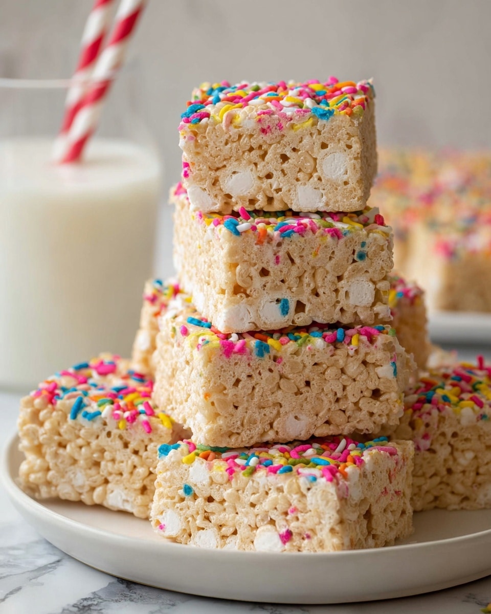 This image shows a stack of six square rice crispy treats on a white plate. Each treat has a light golden beige color with visible puffed rice cereal pieces and white marshmallow bits inside, giving a soft and chewy texture. The top of each treat is decorated with many small, colorful sprinkles in red, blue, yellow, pink, green, orange, and purple, adding a playful and festive look. The treats are neatly cut with clear edges, and in the background, a clear glass of milk with a red and white striped straw sits on a white marbled surface, slightly out of focus. Photo taken with an iphone --ar 4:5 --v 7