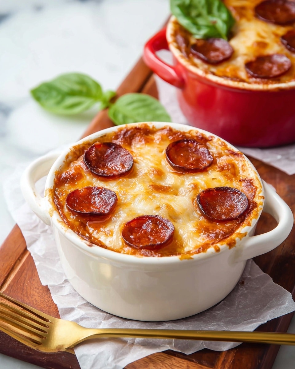 The image shows two small white ceramic pots filled with a baked dish topped with melted golden-brown cheese and four round, slightly crispy dark red pepperoni slices on each piece. The cheese has a bubbly texture and slightly melts over the edges of the pots. The pots have two handles and sit on crumpled white parchment paper on a wooden board with a gold fork in front. Behind the red pot is another white pot with the same dish, and fresh green basil leaves add a touch of color near the base. The background features a white marbled texture, giving a clean and bright look. photo taken with an iphone --ar 4:5 --v 7