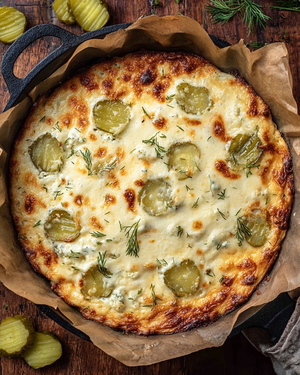 A cheese-topped baked dish in a black skillet lined with brown parchment paper, featuring a golden-brown, bubbly melted cheese layer with slightly browned spots all over. Underneath the cheese, there are visible slices of green pickles scattered across, some partially covered, showing their crinkled texture. Small green dill sprigs are sprinkled on top, adding a touch of green contrast. The skillet rests on a wooden surface with a few pickle slices and dill sprigs nearby. photo taken with an iphone --ar 4:5 --v 7