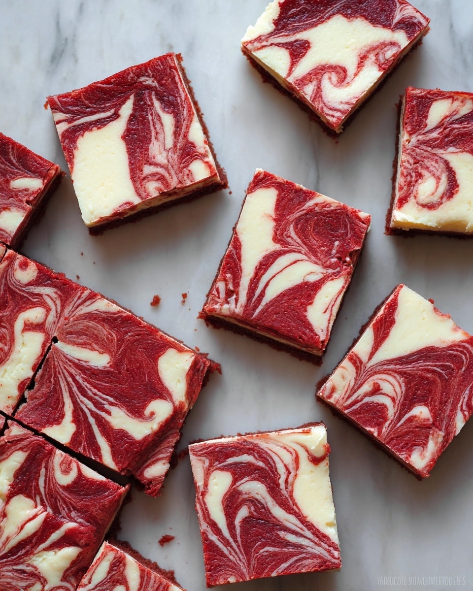 The image shows a rectangular dessert cut into nine squares, laid out on a white marbled surface. Each square has two visible layers with a marbled pattern on top featuring rich red and creamy white swirls, creating a fluid and artistic design. The red parts have a moist, soft texture resembling a cake or brownie, while the white swirls look smooth and creamy, likely a cream cheese layer. The edges of the squares are clean with some uneven bites taken, revealing the thickness of the two layers. photo taken with an iphone --ar 4:5 --v 7