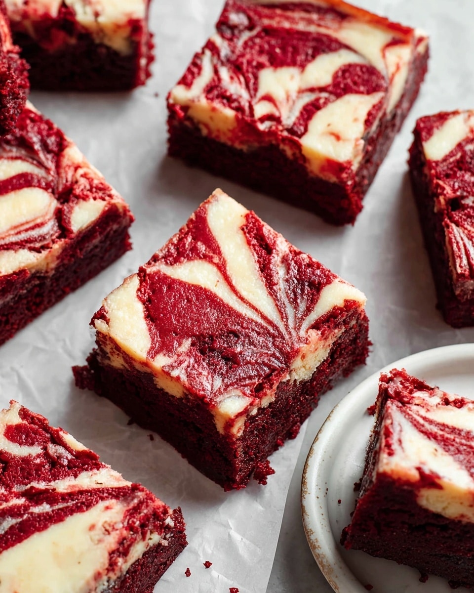 This image shows several square pieces of red velvet cheesecake brownies on white parchment paper with a white marbled texture beneath. Each brownie has two main layers: a deep red moist brownie base and a creamy white cheesecake swirl on top, creating a marbled pattern with smooth curving lines blending red and white. The brownies are thick, with the rich, dense red velvet contrasting the smooth, slightly shiny cheesecake layer. On the right side, part of a white plate holds one brownie piece. The overall look is rich and inviting, highlighting color contrast and texture with clear close-up detail. Photo taken with an iphone --ar 4:5 --v 7