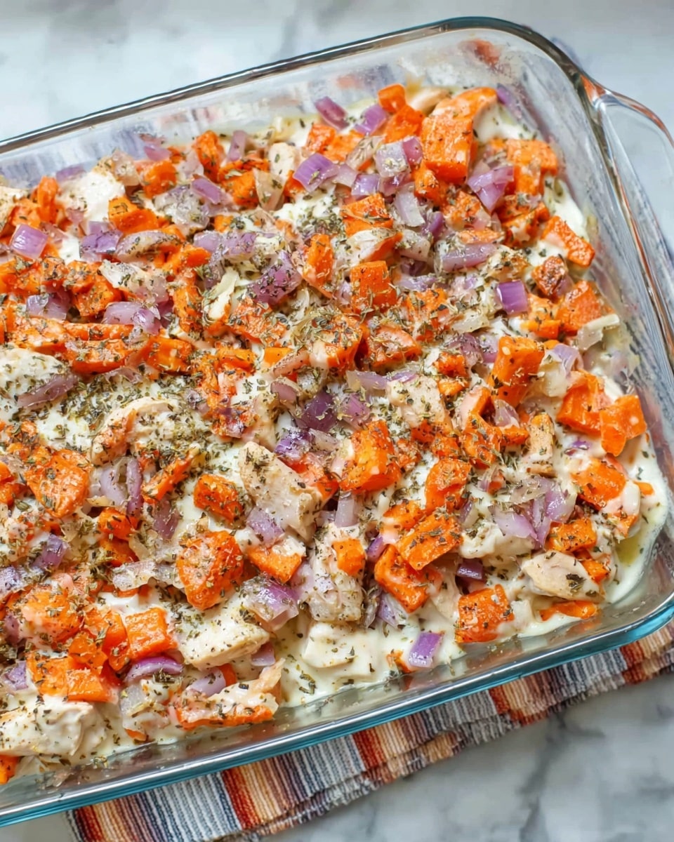 A clear glass baking dish filled with a layered casserole, showing a base of creamy white sauce mixed with chunks of white chicken pieces, topped with a generous layer of finely chopped bright orange carrots and small pieces of purple onions, all sprinkled with dried herbs and black pepper. The vegetables appear slightly roasted with some browned edges, giving the dish a textured and colorful topping that contrasts with the creamy base. The dish is placed on a surface with a white marbled texture, and a striped cloth is partially visible underneath. Photo taken with an iphone --ar 4:5 --v 7