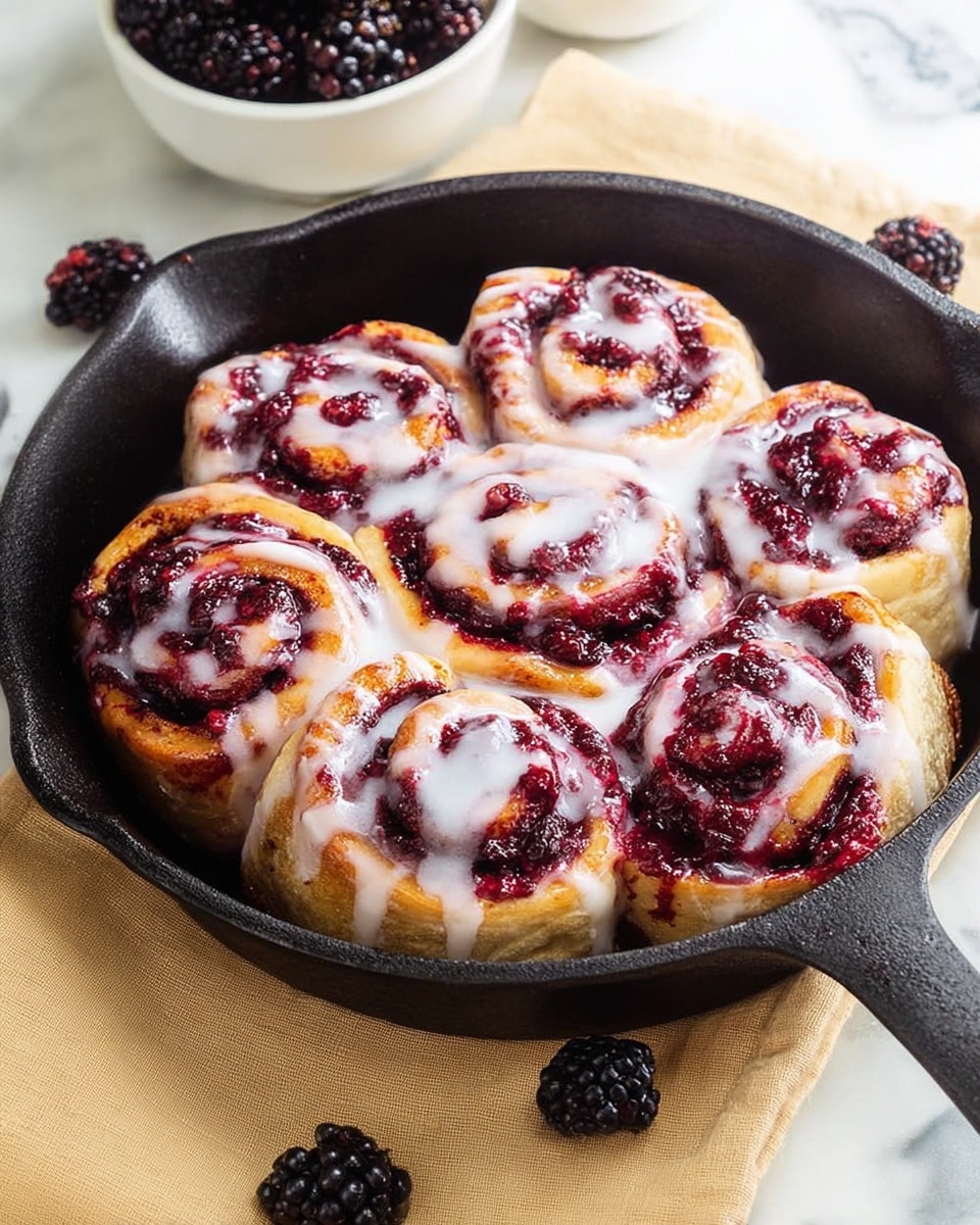 A black cast iron skillet holds a cluster of seven cinnamon rolls with three visible layers each: a golden-brown dough layer at the base, a middle layer thickly spread with dark red blackberry jam that has a chunky texture, and a top layer drizzled with white, glossy icing that pools slightly in crevices. The skillet sits on a white marbled surface with a beige napkin underneath, scattered blackberries around it, and a white bowl filled with more blackberries in the background. photo taken with an iphone --ar 4:5 --v 7
