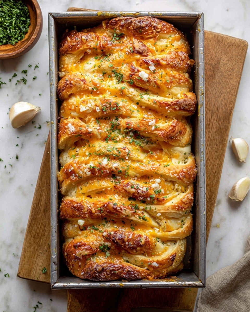 A loaf of braided bread with about ten thick layers, each layer is golden brown with melted cheese oozing between the folds. The top is crispy and shiny with melted cheddar cheese in orange and light yellow shades, and sprinkled with chopped green herbs and large flakes of salt. It is baked in a metal rectangular loaf pan placed on a white marbled surface with chopped green herbs in a small wooden bowl on the side, and garlic cloves nearby. photo taken with an iphone --ar 4:5 --v 7