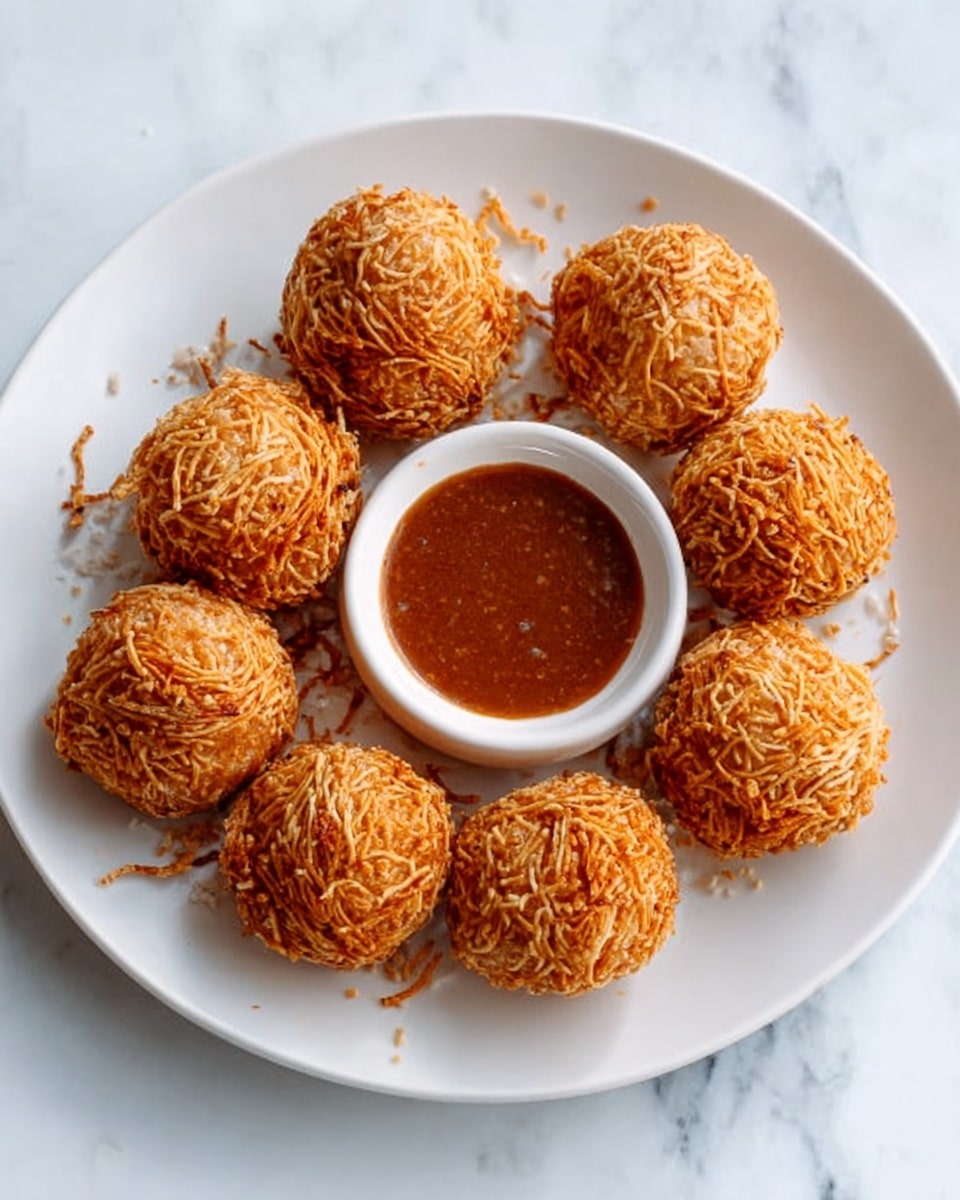 A white plate holds ten round, golden-brown fried snack balls with a crunchy, textured surface made of thin, crispy strands. The balls are arranged in a circular pattern with one in the center, and a small white bowl of thick, reddish-brown dipping sauce is placed on the side of the plate. The plate rests on a white marbled surface. photo taken with an iphone --ar 4:5 --v 7