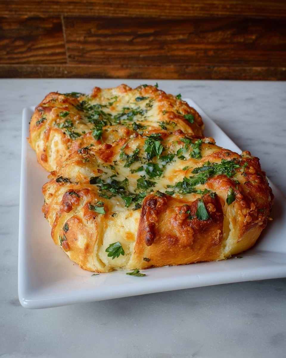 Two golden-brown bread rolls with melted cheese and green herbs on top are placed on a white rectangular plate. The bread looks crispy with some browned spots, and the cheese is bubbly and slightly browned, covering parts of the top layer. Fresh green parsley or cilantro leaves are scattered over the cheese in irregular patterns, adding a fresh touch. The plate sits on a white marbled surface with a wooden wall background. photo taken with an iphone --ar 4:5 --v 7