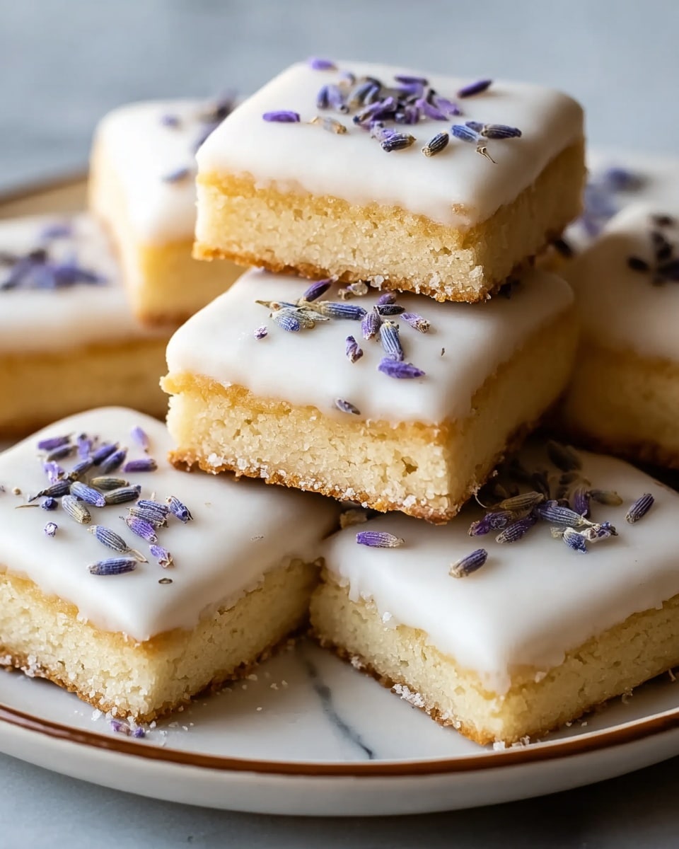 A close-up view of seven square shortbread cookies stacked and arranged on a white plate with a brown rim, placed on a white marbled surface. Each cookie has two layers: the bottom layer is a thick, crumbly, light golden-brown shortbread base, and the top layer is a smooth, white icing evenly spread with slightly rounded edges. Scattered on top of the icing are small, delicate purple and grey lavender sprigs, adding a touch of color and texture. The focus is on the stacked cookies in the center, showing the thickness and texture of the shortbread base clearly. Photo taken with an iphone --ar 4:5 --v 7