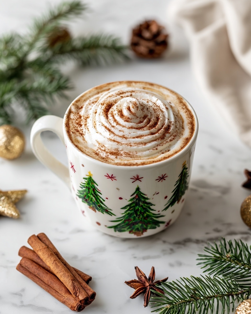 A white mug with green Christmas tree and star patterns holds a creamy chai latte topped with a thick swirl of white whipped cream sprinkled with light brown cinnamon powder; the latte is light tan and slightly frothy, visible just beneath the whipped cream, and some of the drink is dripping down the side of the mug onto a wooden surface. Photo taken with an iphone --ar 4:5 --v 7