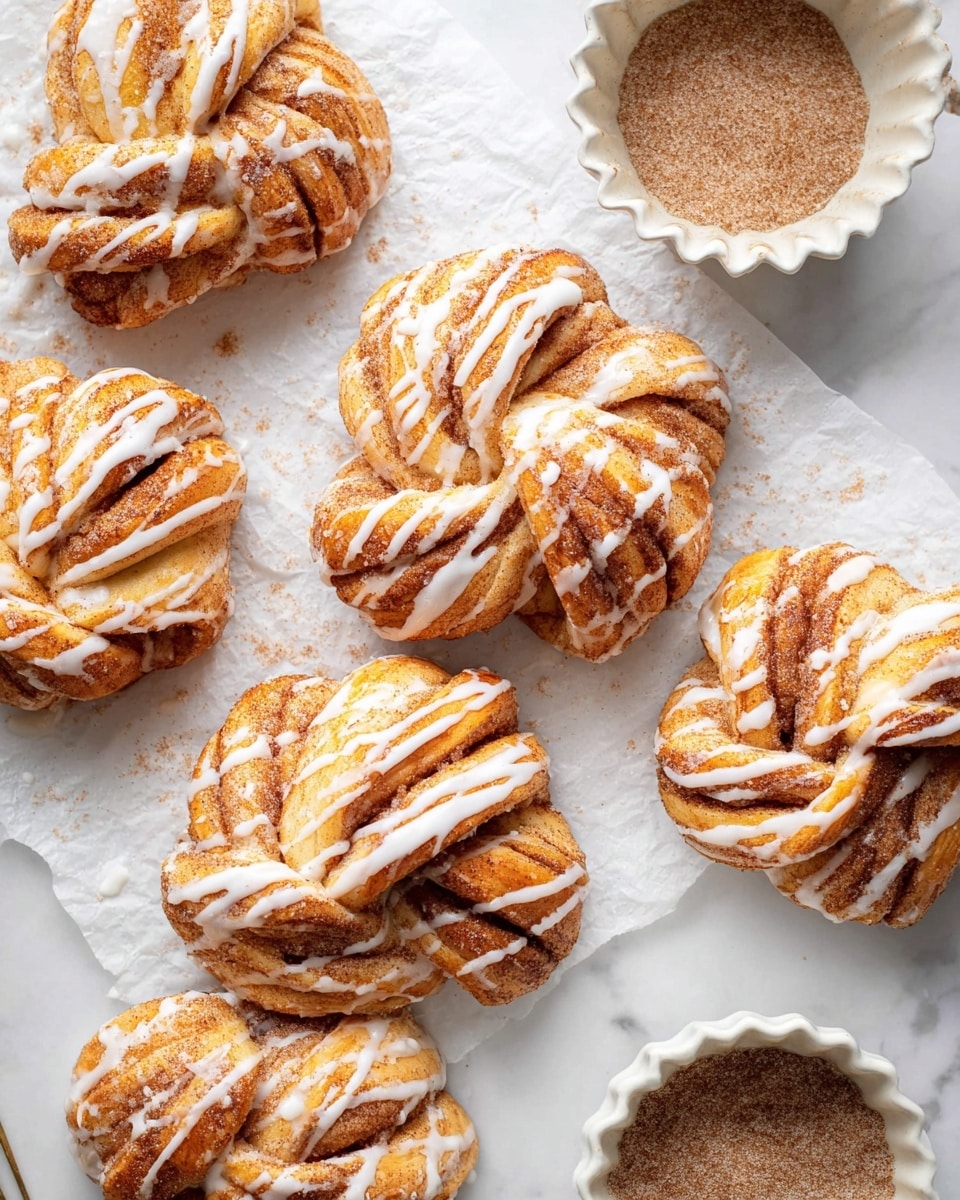 The image shows several cinnamon knotted pastries placed on white parchment paper over a white marbled surface. Each pastry has three to four visible twisted layers, with a golden-brown baked texture dusted with cinnamon, creating a warm brown and light tan color mix. They are drizzled generously with a white glaze in uneven, thick lines running across the knots. In the upper right area, there is a small, white, scalloped bowl filled with a brown cinnamon sugar mix. In the lower right corner, part of a white bowl with white glaze is visible. The overall look is cozy and fresh with cinnamon specks scattered around photo taken with an iphone --ar 4:5 --v 7