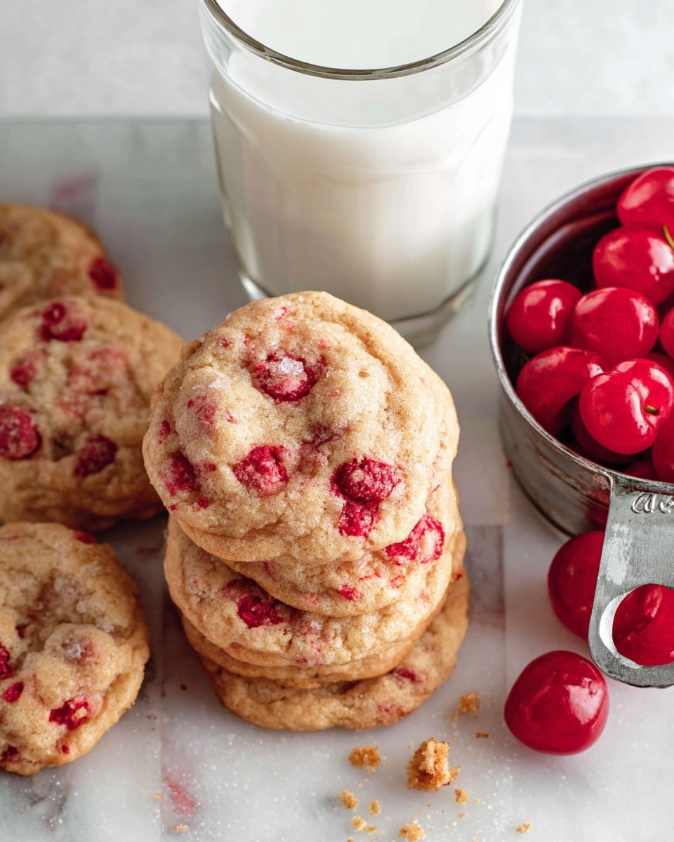 This image shows a close-up of soft cookies with red pieces inside, stacked in a small pile on a white marbled surface. The cookies are light brown with bright red chunks spread throughout, giving a fresh and textured look. On the left side, there is a clear glass of milk filled almost to the top, and on the bottom right side, there is a metal measuring cup filled with shiny red cherries. Crumbs are scattered lightly around the cookies, enhancing the homemade feel. photo taken with an iphone --ar 4:5 --v 7
