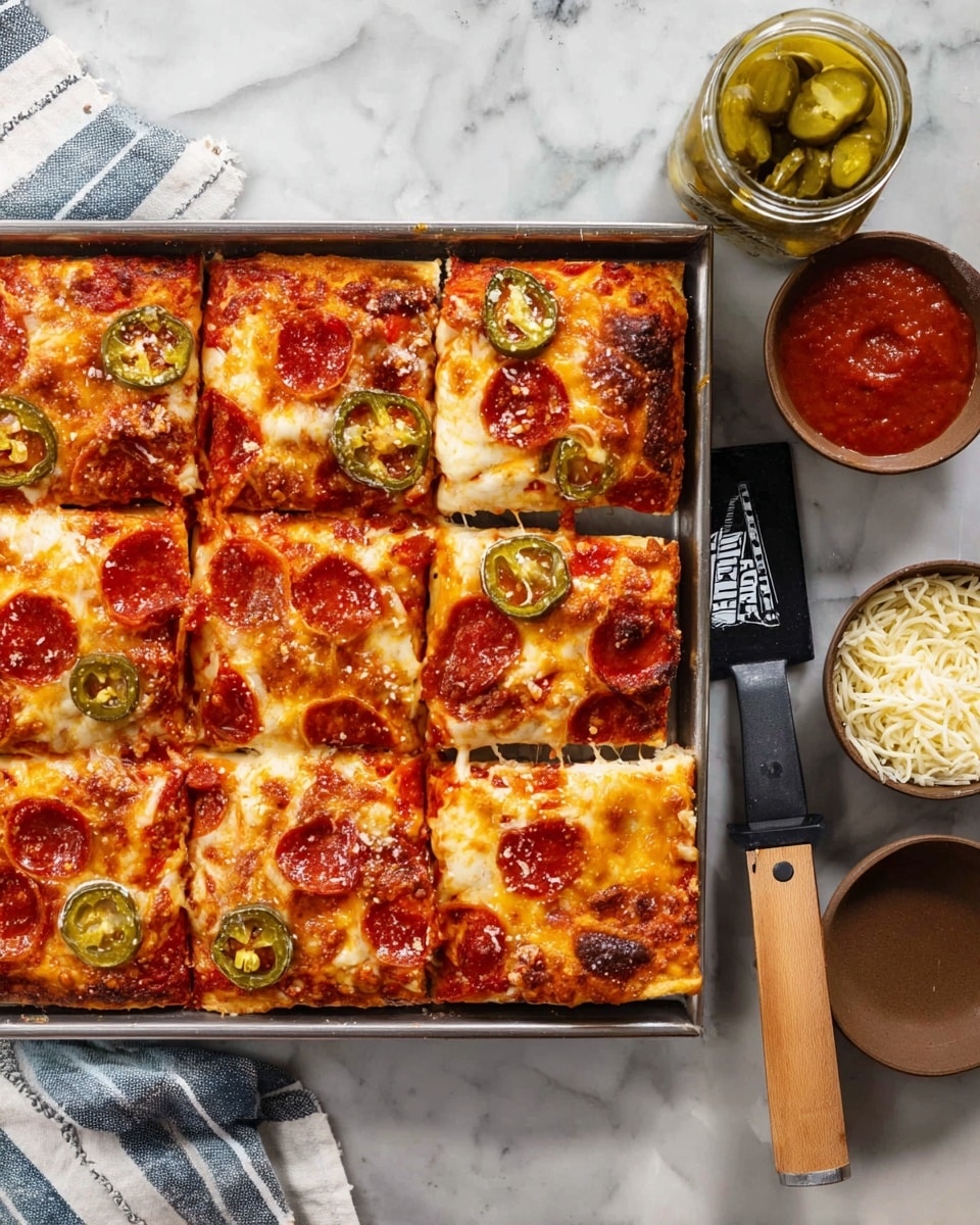 A square pan filled with a thick crust pizza cut into nine square slices, each topped with melted golden cheese, bright red pepperoni, and green jalapeño slices. The pizza has a browned, slightly crispy edge with visible cheese bubbles on top. One slice is being lifted by a pizza spatula with a black handle and wooden grip from the bottom right corner. To the right of the pan, there are two small brown bowls, one filled with shredded cheese and the other with red pizza sauce. On the left side of the pan is an open jar of green pickles with a white and gray striped cloth underneath. The whole set is on a white marbled texture. Photo taken with an iphone --ar 4:5 --v 7