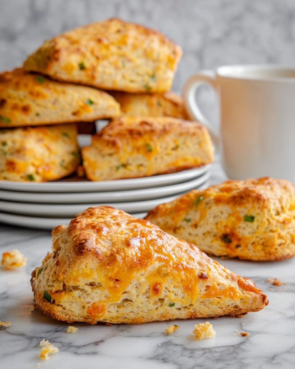 The image shows a close-up of several golden-brown scones, one in the front with a shiny, slightly glossy top, and visible bits of orange cheese and green herbs mixed inside. The scone is triangular, with a rough but soft texture. Behind it, there is a white plate stacked with more scones that have a similar look, all placed on a white marbled surface. A white cup with a handle is also visible to the right, partly out of focus, adding to the cozy setting. Crumbs are scattered around the scones on the white marbled surface. photo taken with an iphone --ar 4:5 --v 7