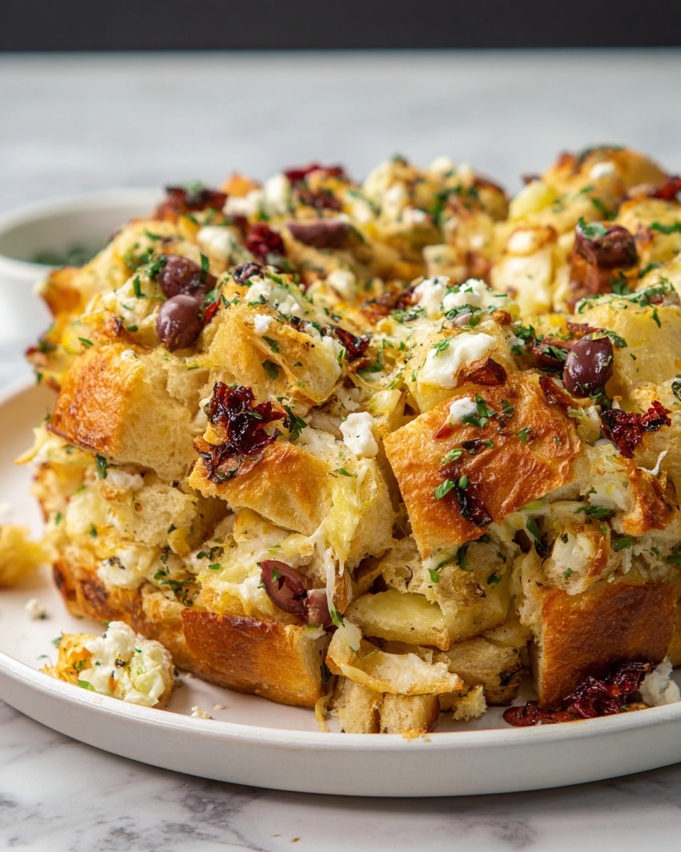 A white plate holds a layered savory pull-apart bread dish with about four layers of golden-brown, soft bread chunks stacked closely together. Between the layers are visible bits of melted pale yellow cheese, pieces of white crumbly cheese, chopped green herbs, small dark purple olives, and dark red sun-dried tomato pieces. The top layer of bread is toasted with a slightly crispy texture, sprinkled with green herbs and scattered cheese cubes. The dish looks warm and gooey, with melted cheese stretching between the layers, set on a white marbled texture surface. Photo taken with an iphone --ar 4:5 --v 7